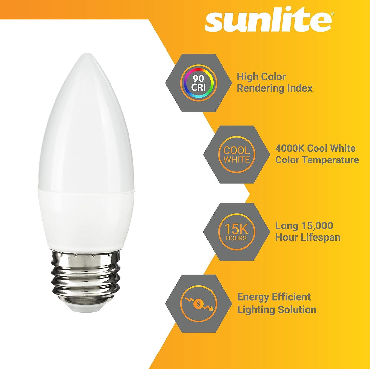 Sunlite LED B13 Decorative Chandelier Light Bulb, 7 Watts (60W=), 500 Lumens, 120 Volts, Dimmable, E26 Base,  90 CRI, ETL Listed, Torpedo Frosted, Title-20, 4000K Cool White, 6 Pack
