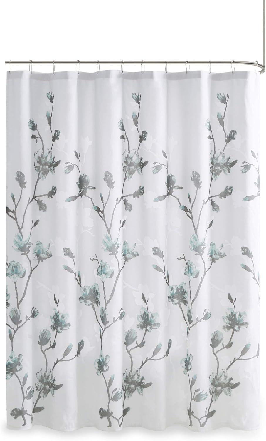 Magnolia Floral White and Blue Fabric Shower Curtain