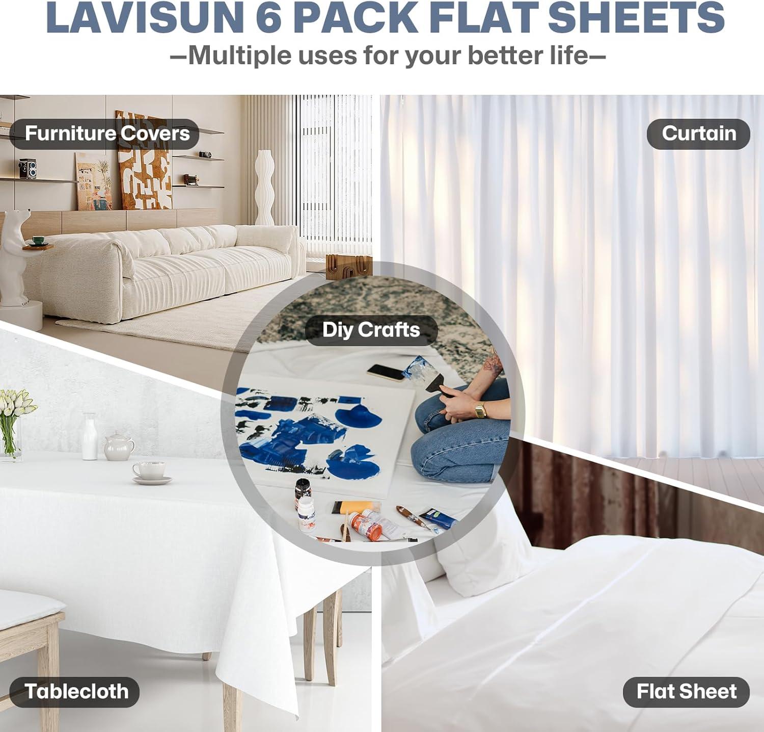 Lavisun Twin Flat Sheets Only, 6 Pack Soft Brushed Microfiber Bedding Sheets for Hotel, Massage, Hospital, Home, Dorm, Bulk Flat Sheets Only Twin Size (White)