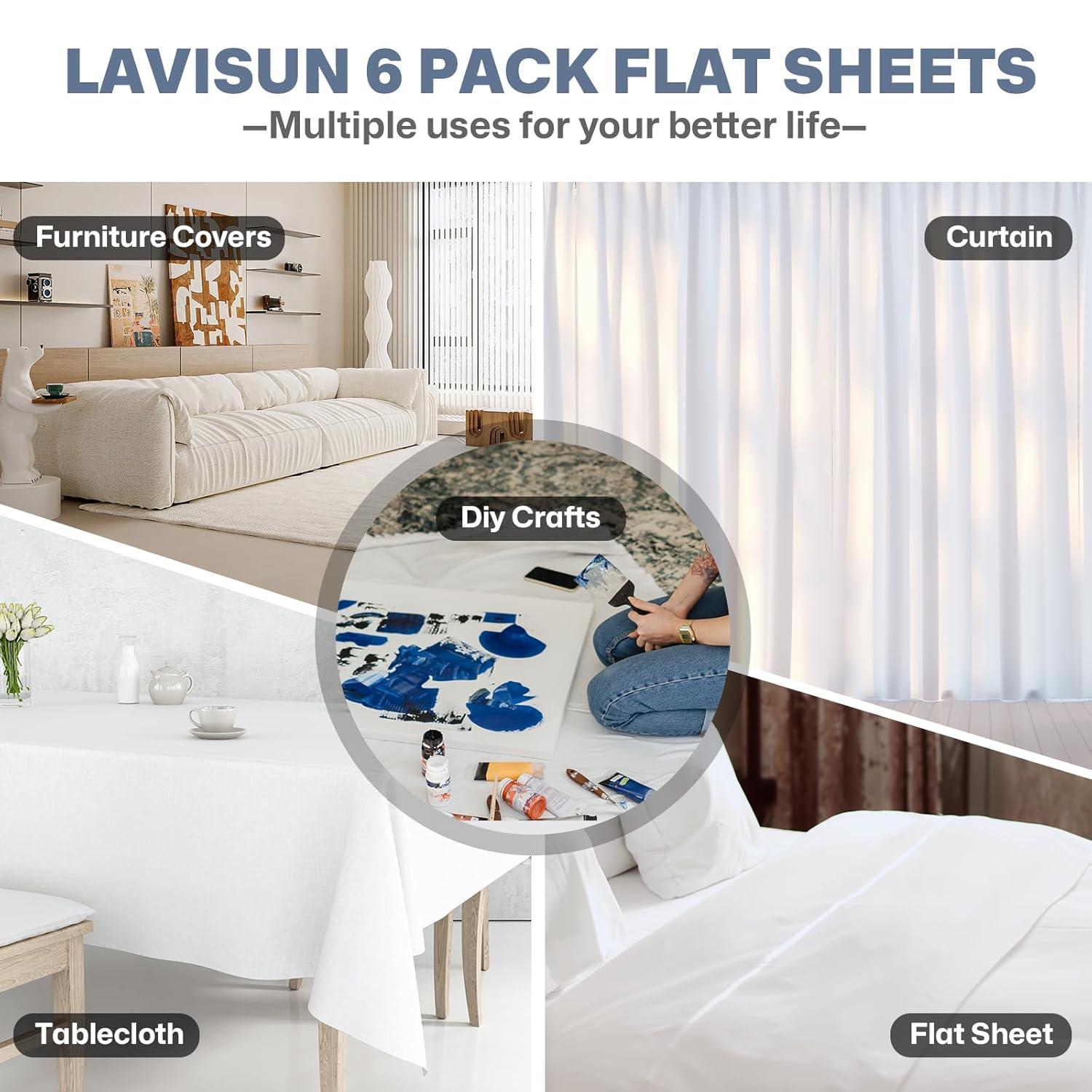 Lavisun Twin Flat Sheets Only, 6 Pack Soft Brushed Microfiber Bedding Sheets for Hotel, Massage, Hospital, Home, Dorm, Bulk Flat Sheets Only Twin Size (White)