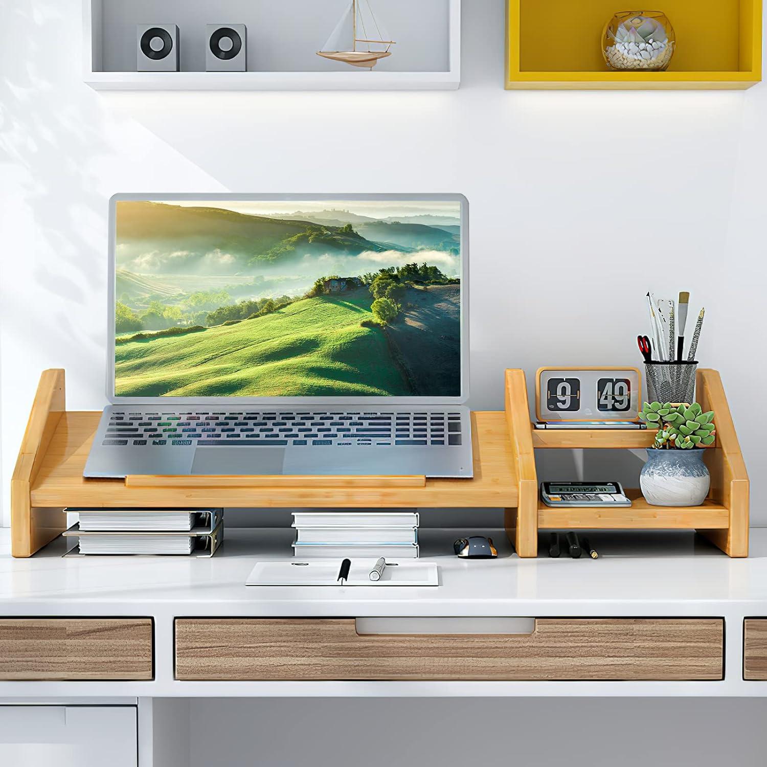 Adjustable Bamboo Laptop and Monitor Stand with Storage Shelves