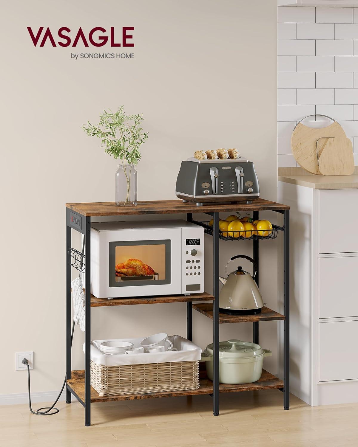 Rustic Brown Adjustable Kitchen Baker's Rack with Power Outlet