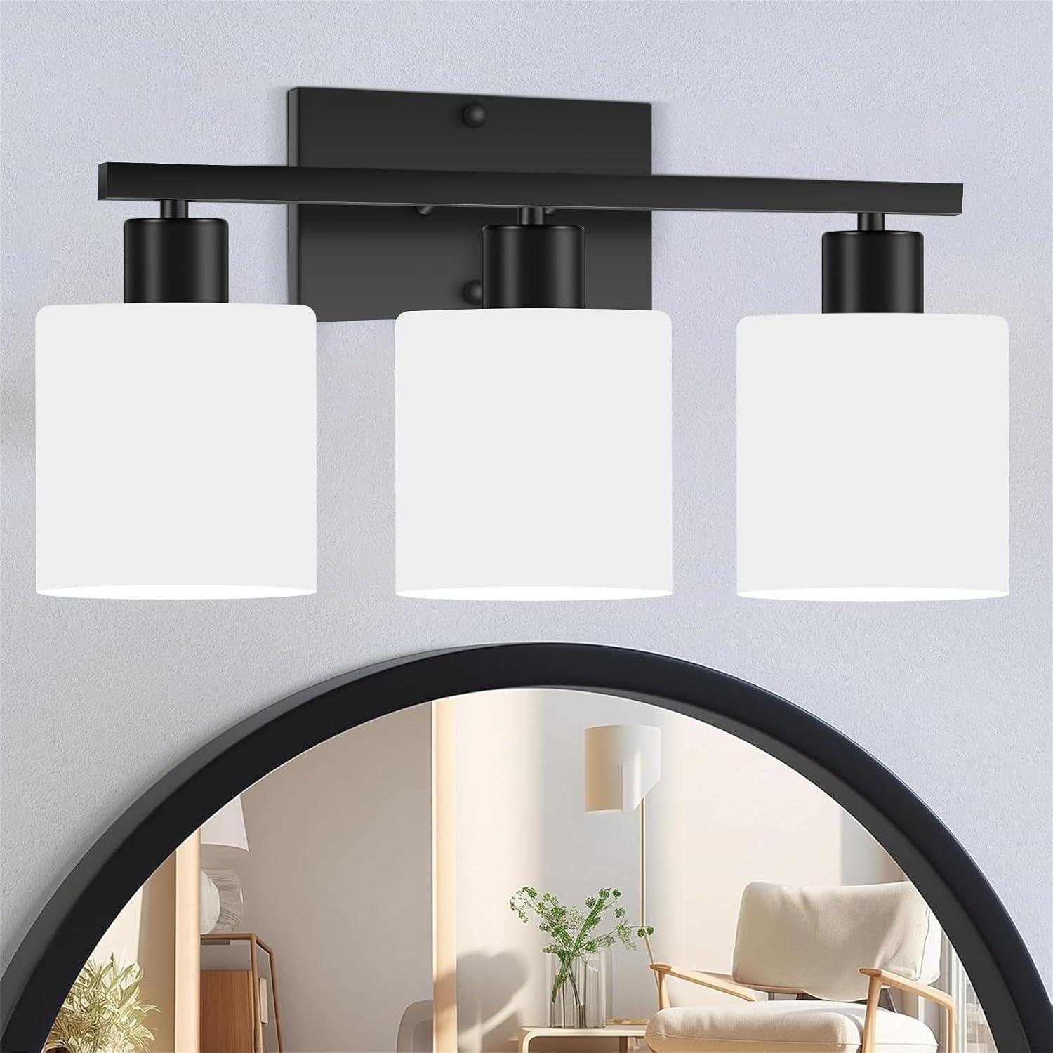 Black Modern 3-Light Bathroom Vanity Fixture with Milky White Glass Shades