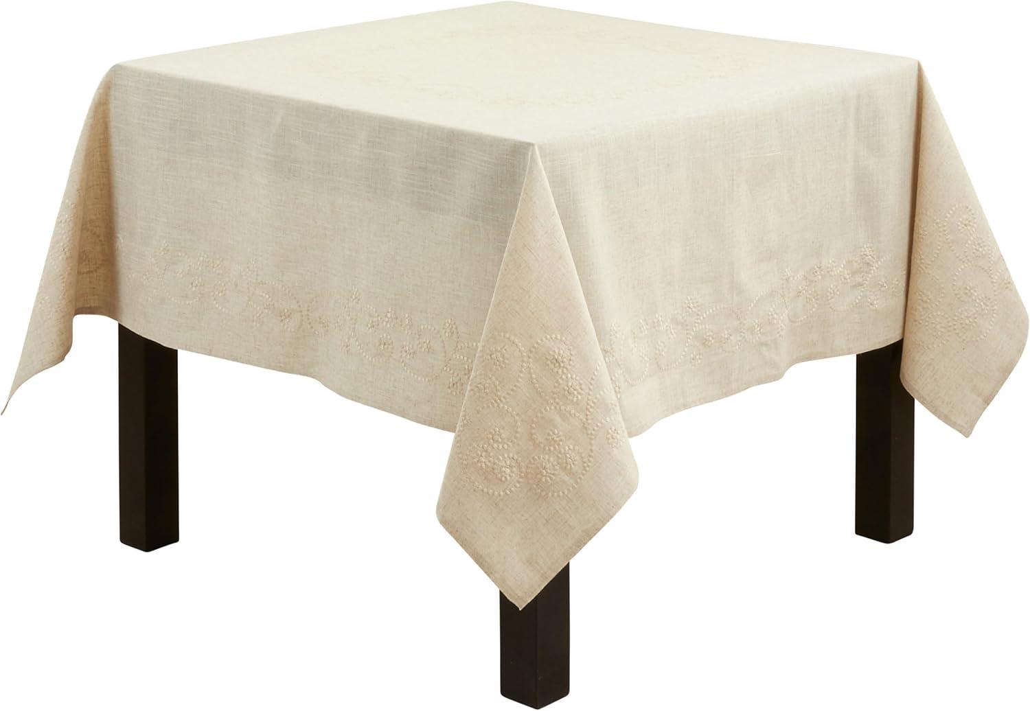 Saro Lifestyle Embroidered Swirl Natural Linen Blend Tablecloth, Natural, 67"x67",