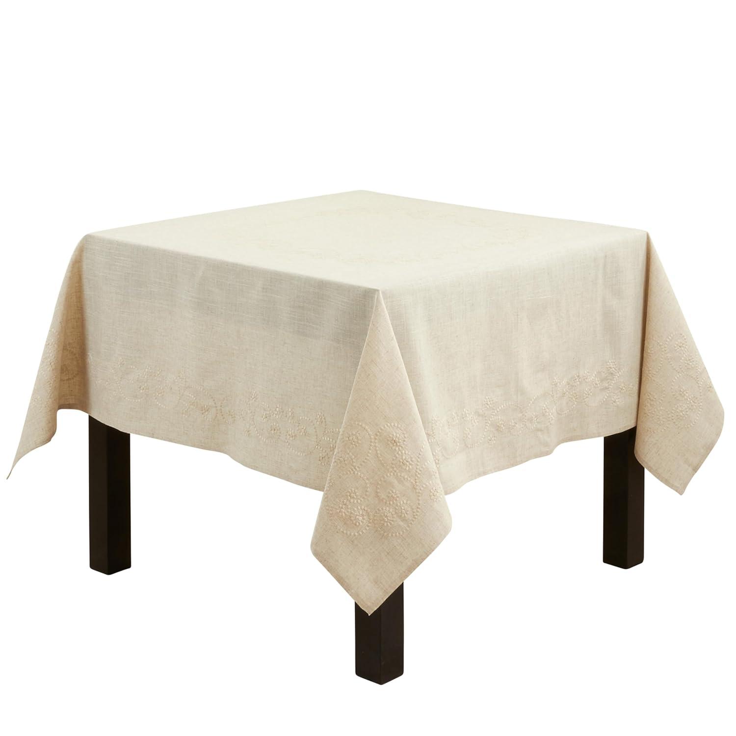 Saro Lifestyle Embroidered Swirl Natural Linen Blend Tablecloth, Natural, 67"x67",