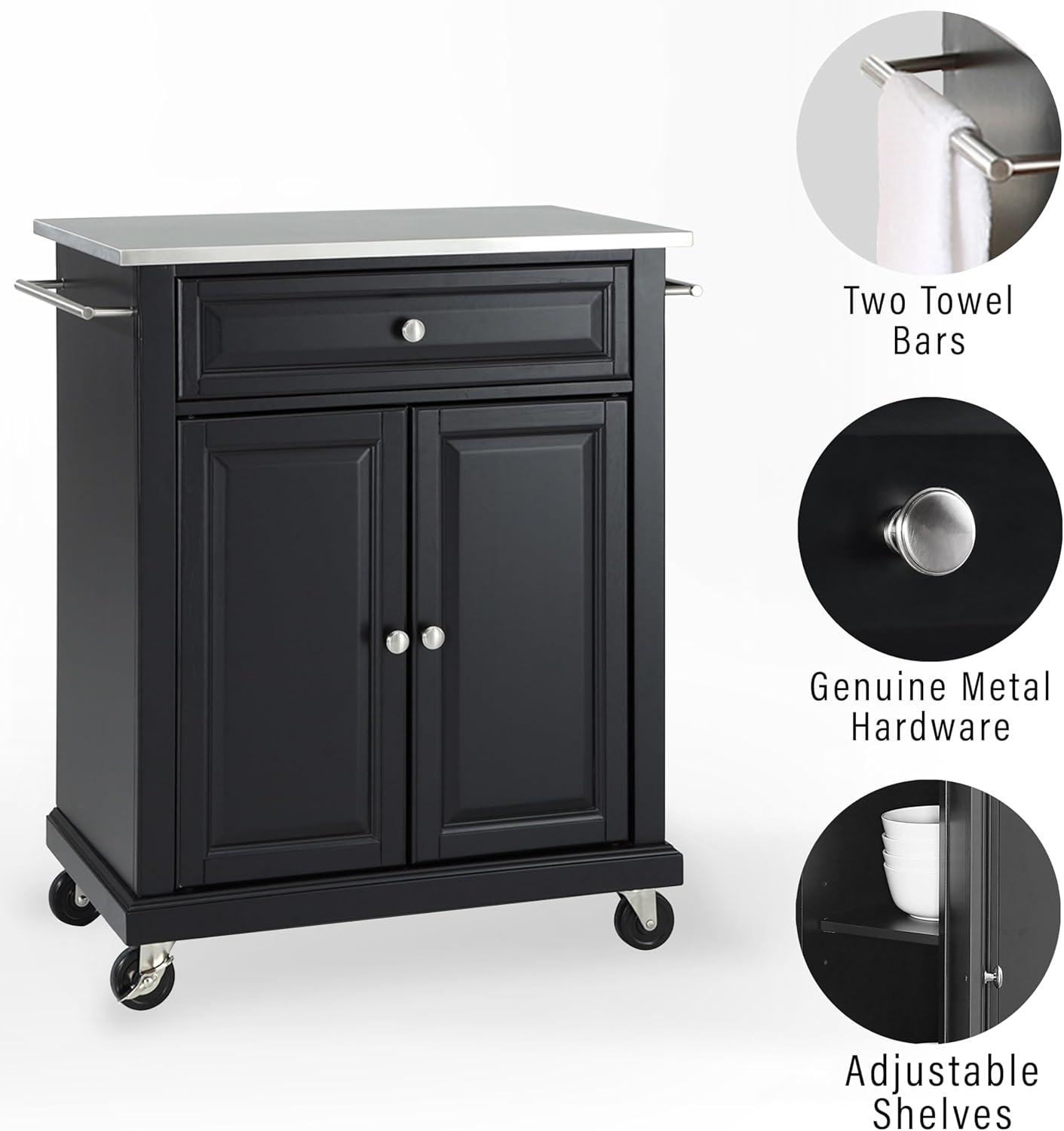 Portable Stainless Steel Top Kitchen Island Wood/Black - Crosley: With Storage, Adjustable Shelves & Casters