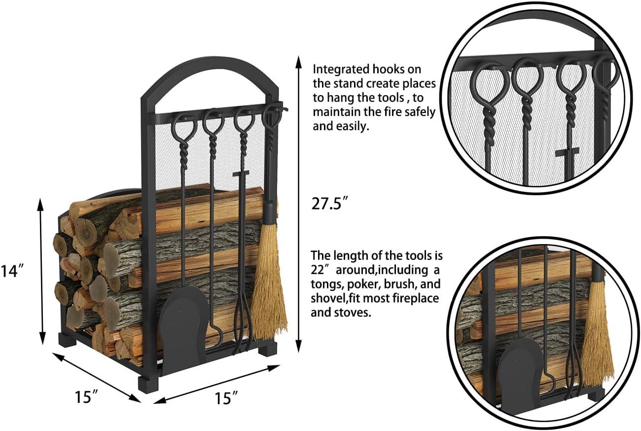 Black Wrought Iron Fireplace Log Holder with Tools