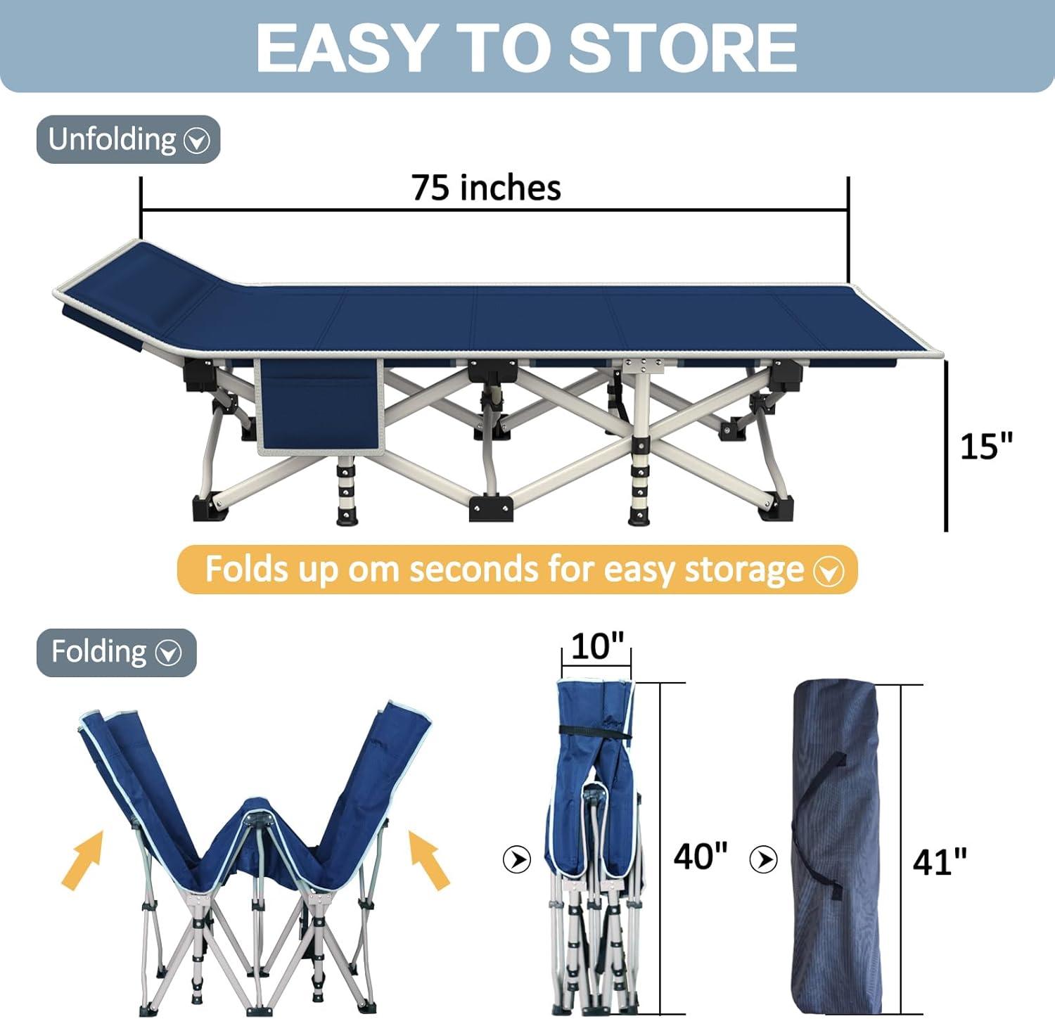 Blue Heavy Duty Folding Camping Cot with Thick Pad