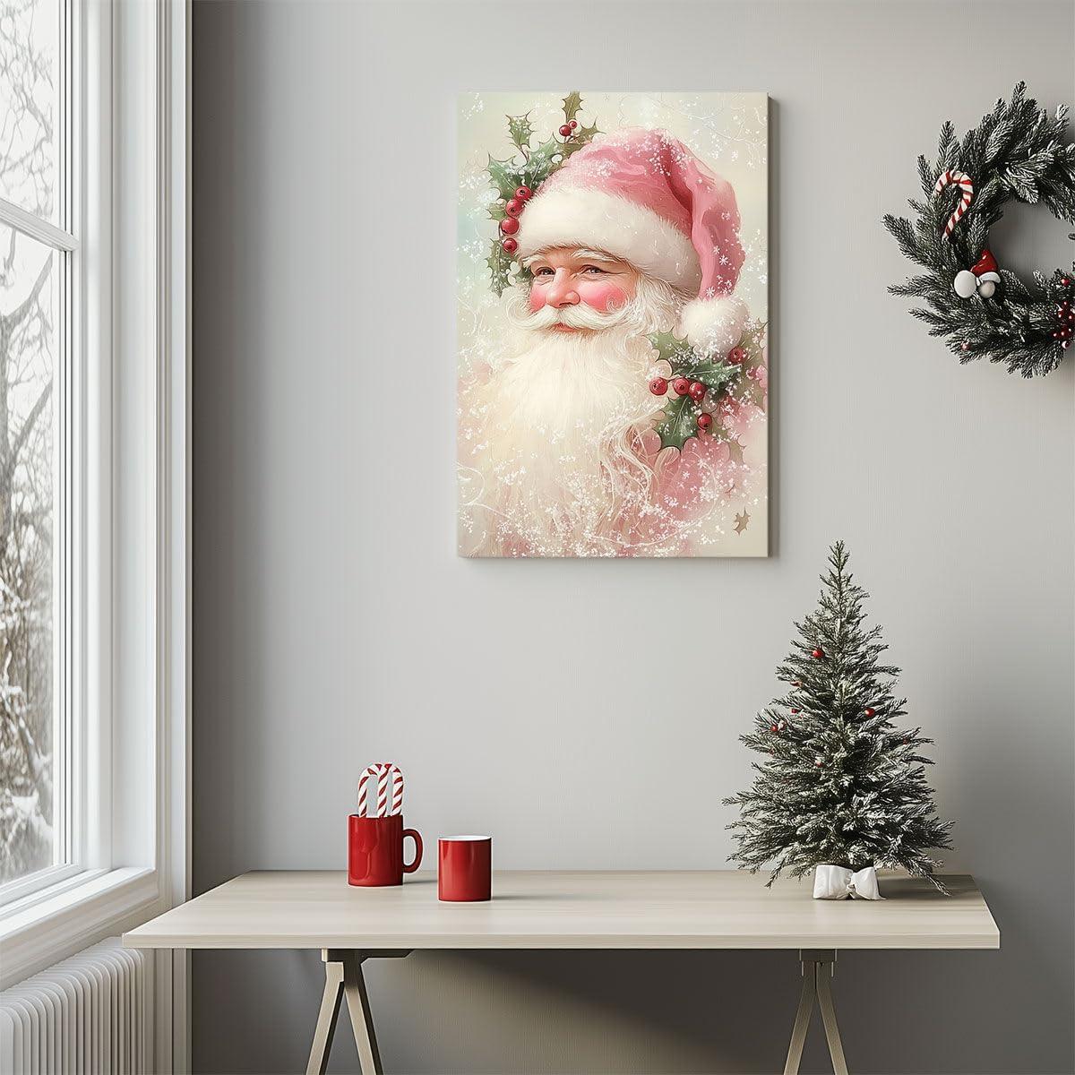 Reccmeny Vintage Christmas Canvas Wall Art, Santa Claus Pictures for Wall Decor, Xmas Poster Santa white Wooden Texture Picture, Holiday Wall Decorations Gifts