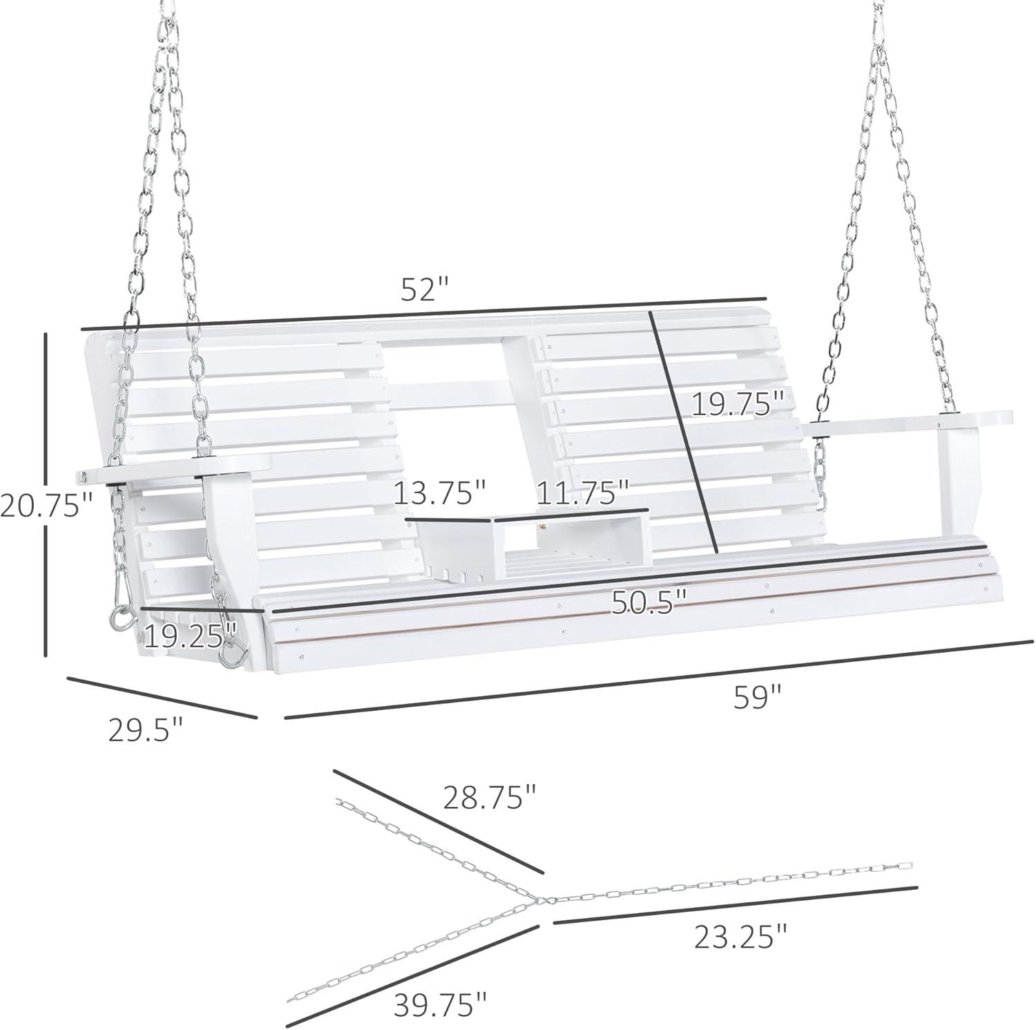 Outsunny 3-Seater Wooden Porch Swing, Patio Swing Bench with Folding Coffee Table, Cup Holders and Chains Included, 440lbs Weight Capacity, White