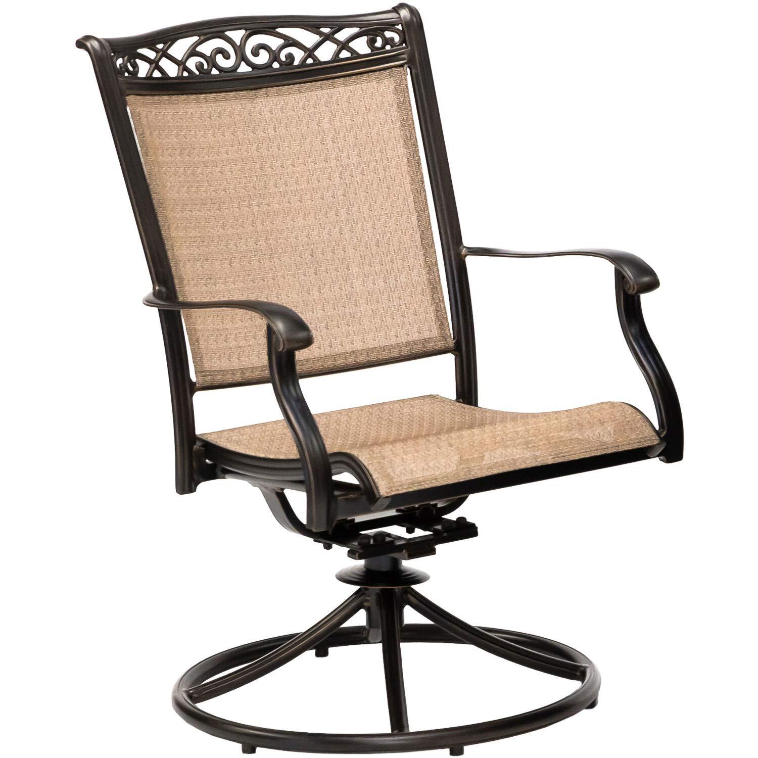 Hanover Fontana 7-Piece Outdoor Dining Set with 2 Sling Swivel Rockers, 4 Sling Chairs, and a 38-In. x 72-In. Cast-Top Table