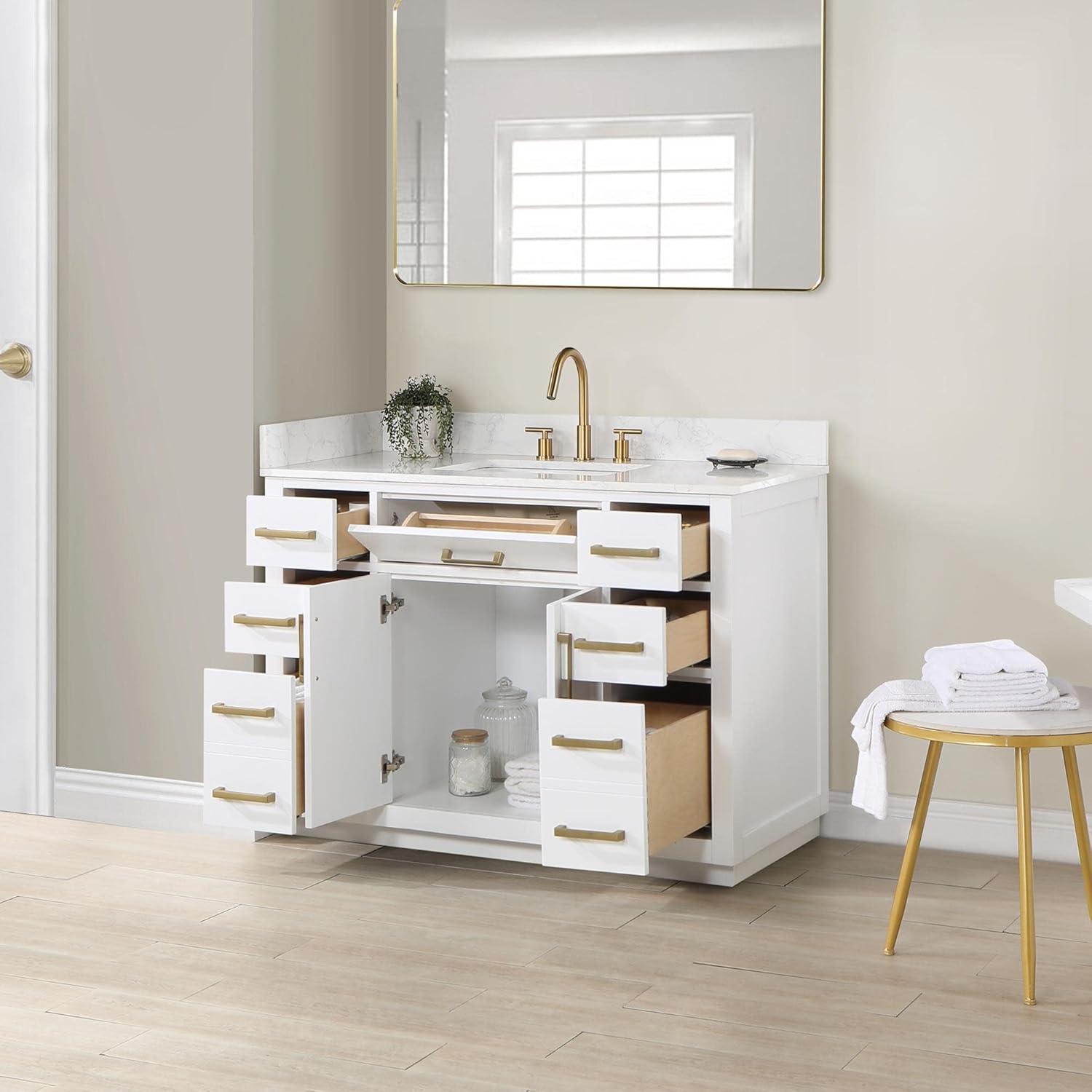 Gavino 48" Wood Vanity in White with Grain White Composite Stone Top no Mirror