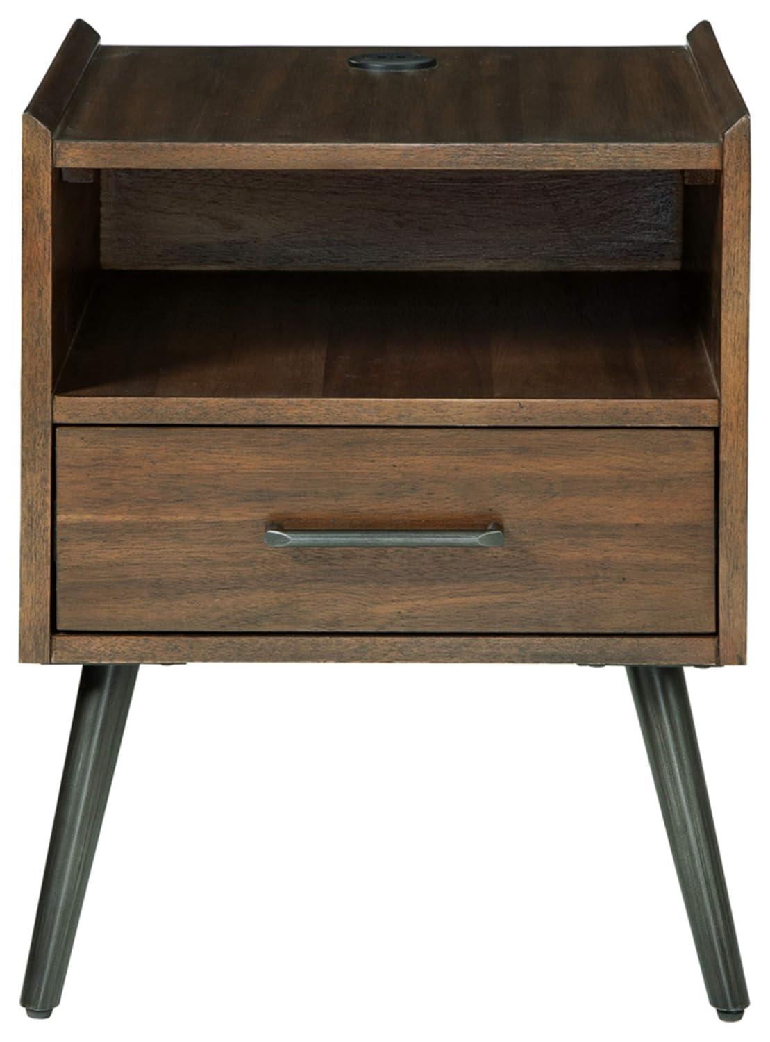 Signature Design by Ashley Calmoni Mid-Century Square End Table with 2 USB Charging Ports, Brown