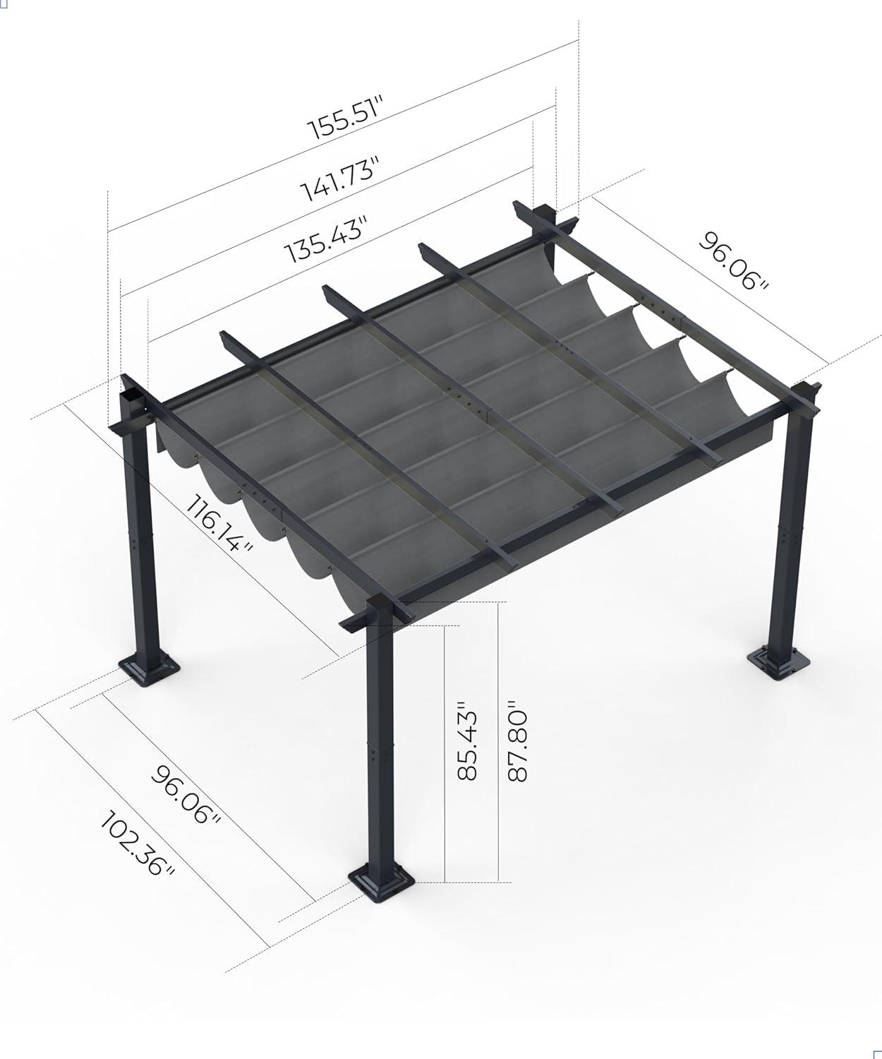 Gray Aluminum Pergola with Retractable Canopy for Outdoor Use