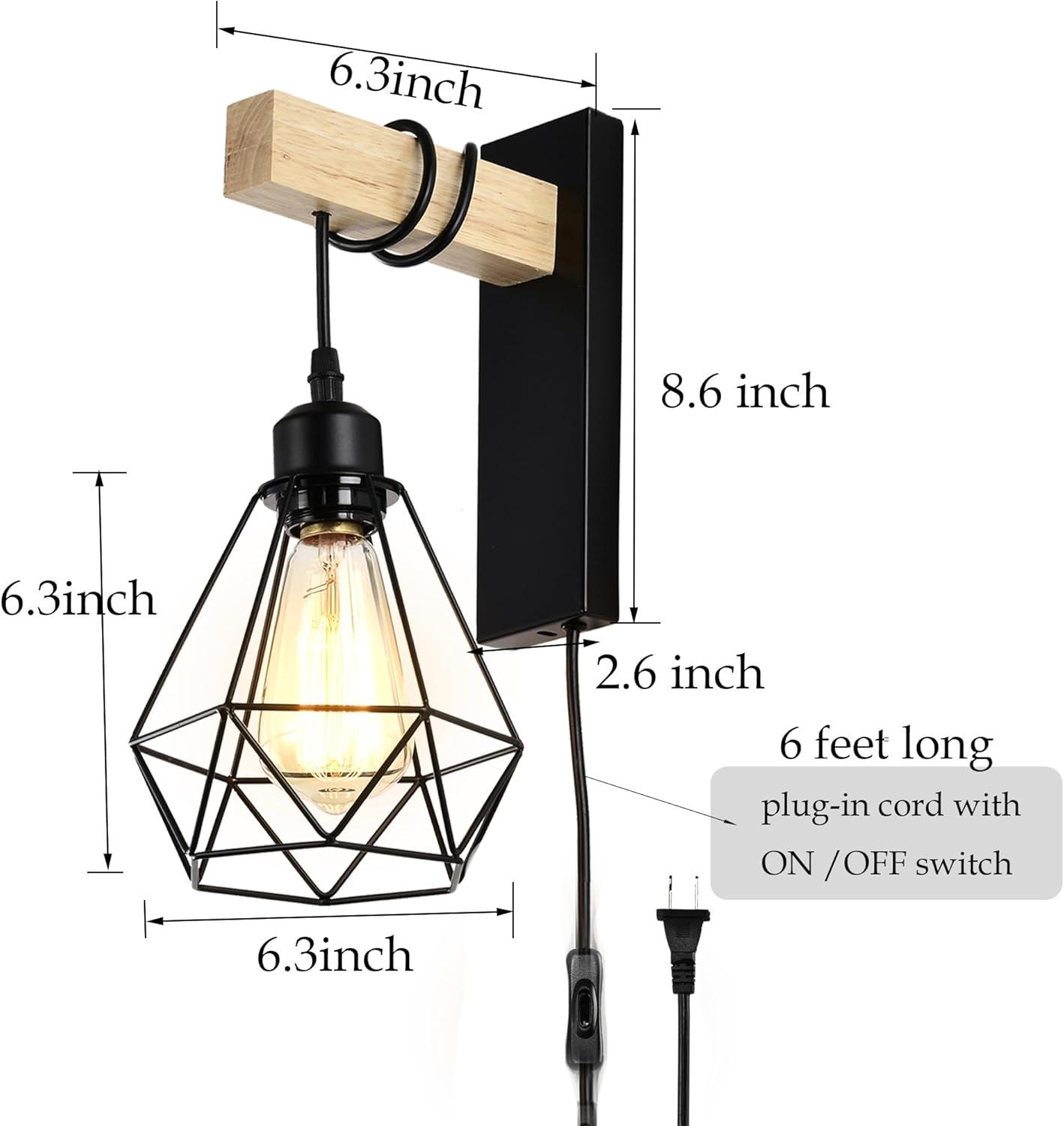 Black and Wood Plug-In Wall Sconce Set with Cage Shade