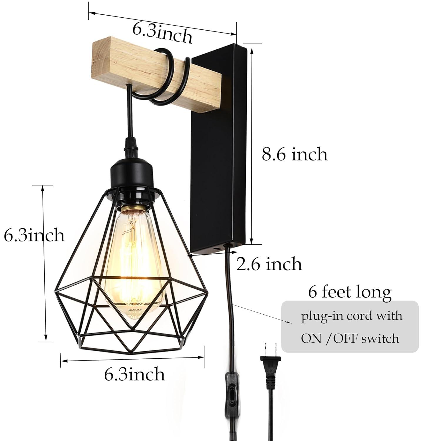 Plug in Wall Sconces Set of 2 with 6 FT On/Off Switch Cord, Wall Light Fixtures Black Industrial Farmhouse Indoor Wall Latern For Bedroom Living Room