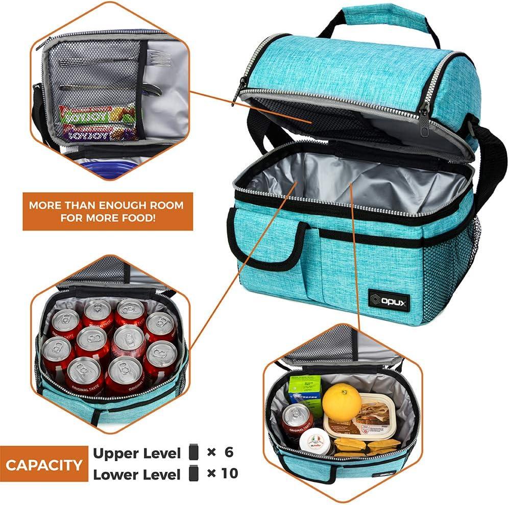 OPUX Insulated Dual Compartment Lunch Bag, Leakproof Soft Cooler Box Women Men Adult, Reusable Tote Pail Kids Boys Girls School (Heather Sea Blue)