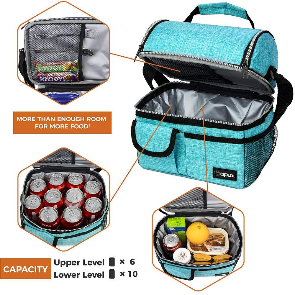 OPUX Insulated Dual Compartment Lunch Bag, Leakproof Soft Cooler Box Women Men Adult, Reusable Tote Pail Kids Boys Girls School (Heather Sea Blue)