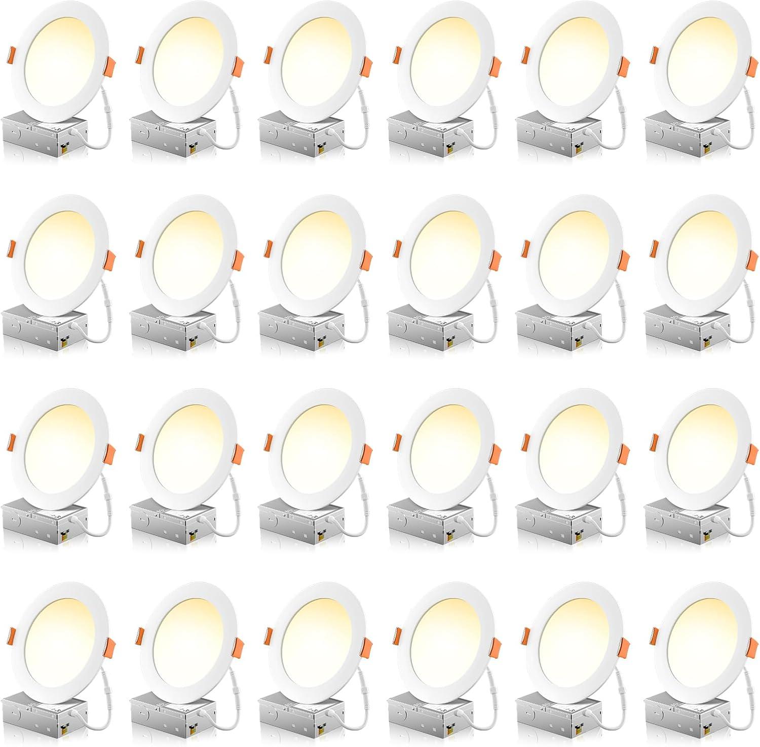 FREELICHT 24 Pack 6 Inch 5CCT Ultra-Thin LED Recessed Ceiling Light with Junction Box, 2700K/3000K/3500K/4000K/5000K Selectable, 1050LM Brightness, Dimmable Canless Wafer Downlight, 12Weqv110W-EtlFcc