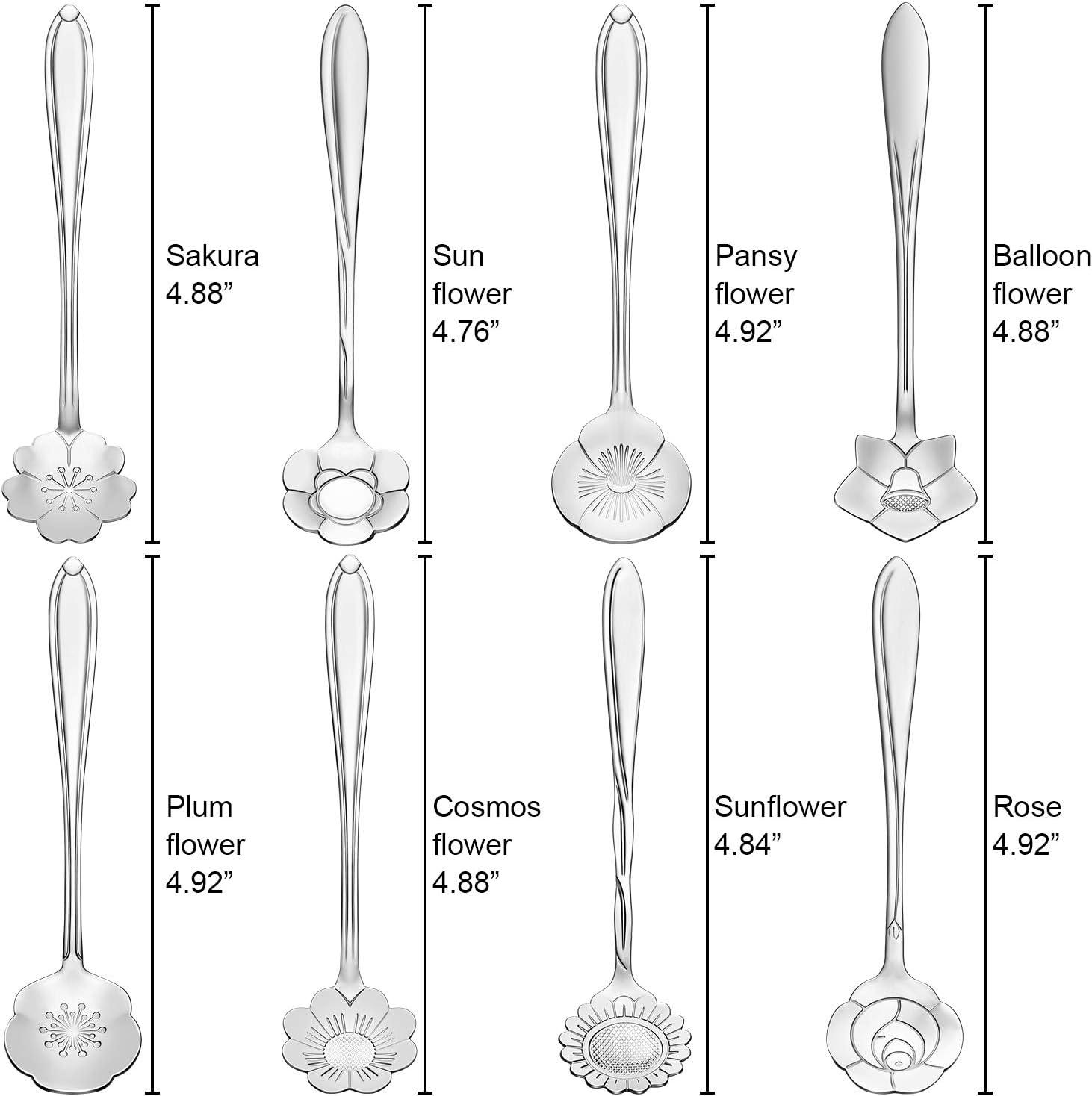 Chengu 8 Pieces Flower Coffee Tea Spoons Stainless Steel Sugar Spoons Tea Party Flower Fancy Tableware Set Stir Bar Creative Stirring Teaspoon, 8 Different Patterns(Silver)