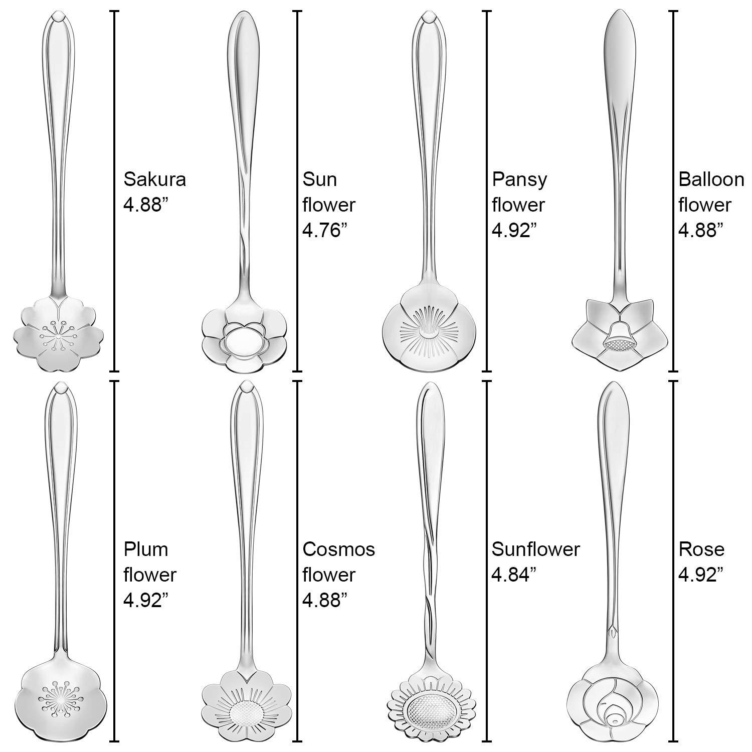 Chengu 8 Pieces Flower Coffee Tea Spoons Stainless Steel Sugar Spoons Tea Party Flower Fancy Tableware Set Stir Bar Creative Stirring Teaspoon, 8 Different Patterns(Silver)