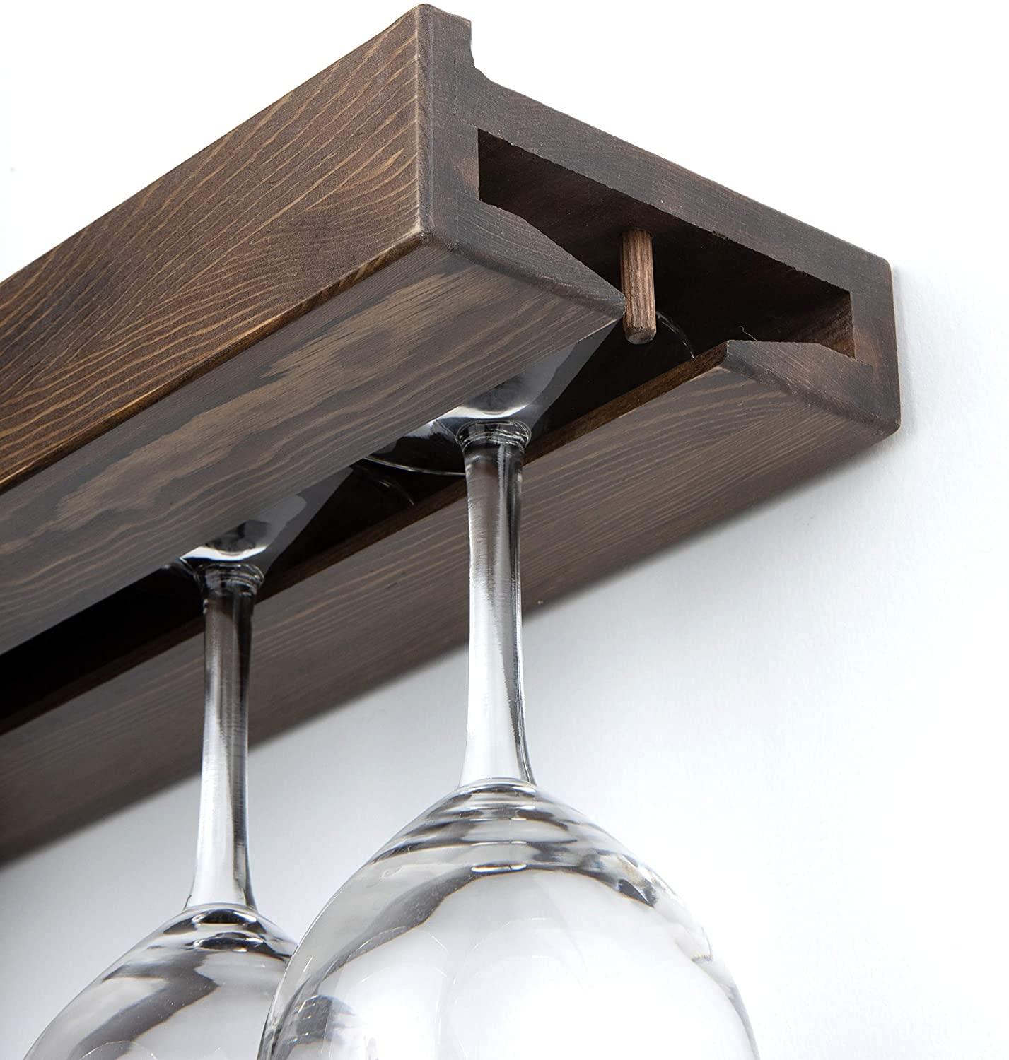 Rustic State Smith Wall Mounted Wood Floating Wine Bottle Rack with Glassware Holder Stemware Shelf Storage Organizer - Home, Kitchen, Dining Room Bar Décor - Walnut