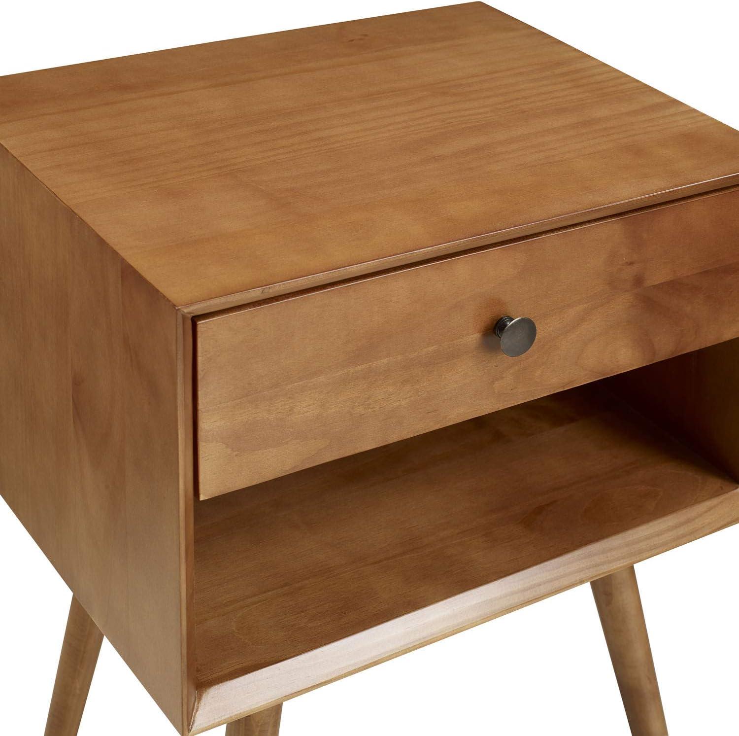 Walker Edison Mid Century Modern Wood Nightstand Side Table Bedroom Storage Drawer and Shelf Bedside End Table, 1 Drawer, Caramel