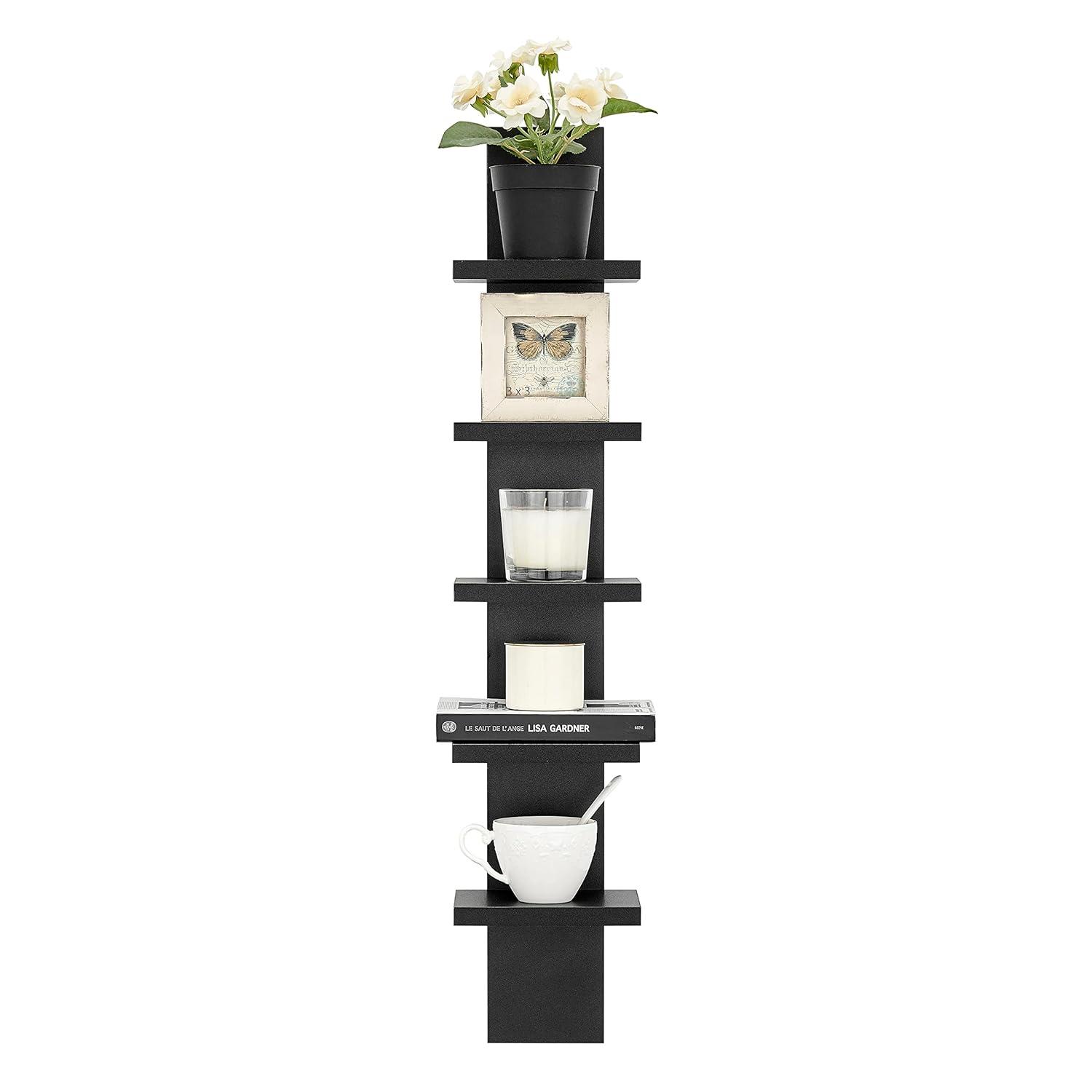 Danya B. 30" x 6" Slim Vertical Column Wall Shelf Black: Mid-Century Modern Laminated MDF, Iron Hardware, 5 Tiers