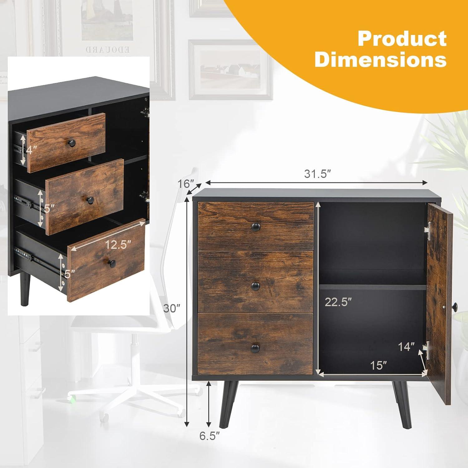 Storage Cabinet with 3 Drawers and Door Cabinet, Industrial Wood Accent Cabinet with Adjustable Shelf,Farmhouse Sideboard Buffet Cabinet for Kitchen Living Room (Industrial)