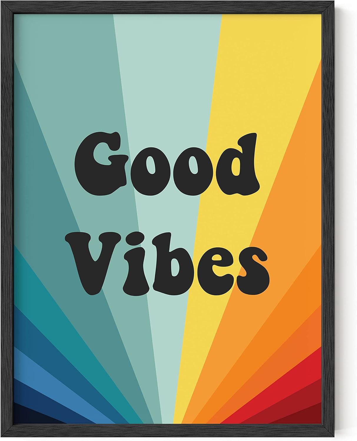 HAUS AND HUES Dope Posters Good Vibes Wall Decor - Good Vibes Only Wall Decor and Retro Posters | Good Vibes Only Wall Art and Retro Posters for Room Aesthetic Hippie Posters BEIGE FRAMED 12" x 16"