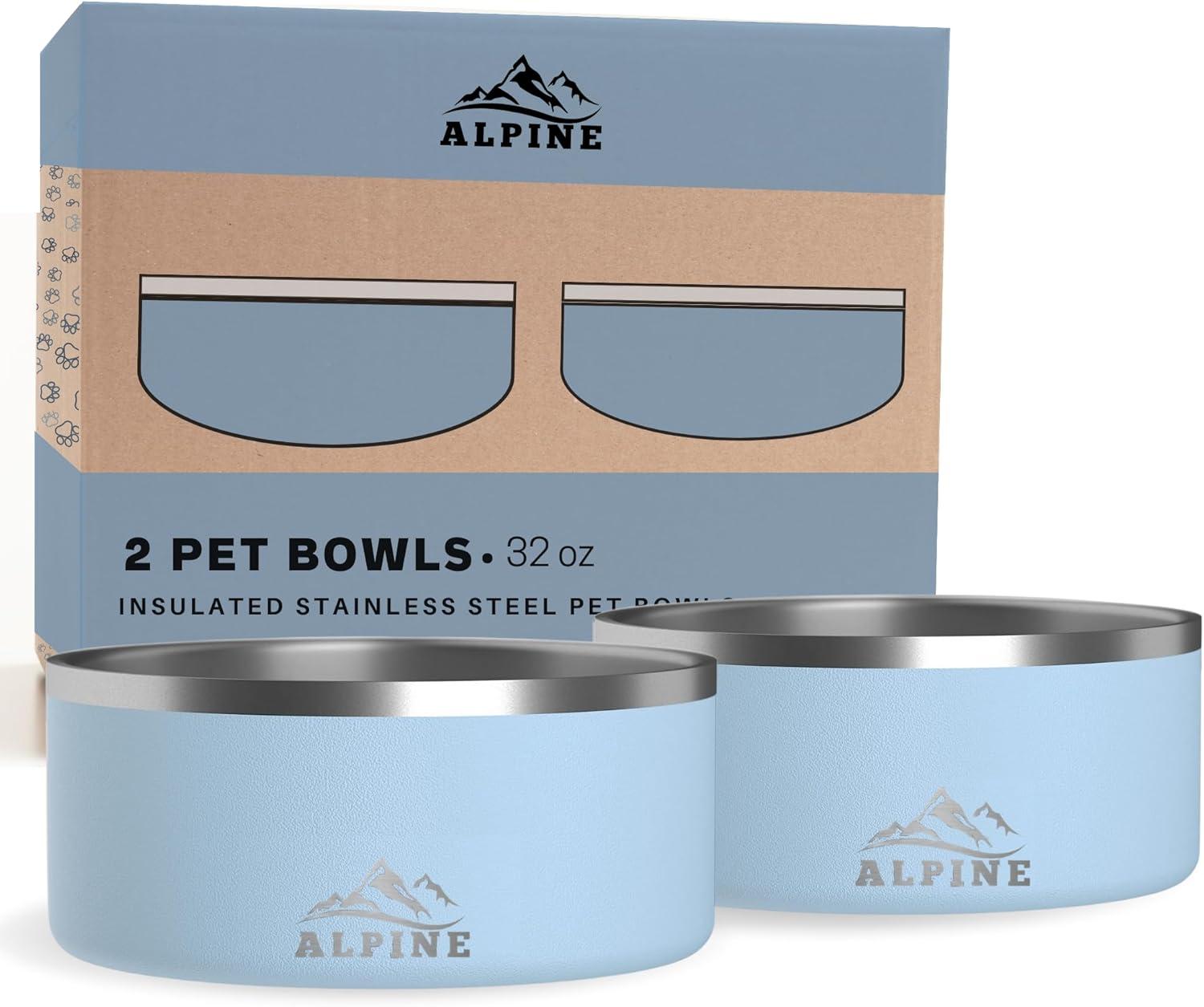 ALPINE Set of 2 Stainless Steel Dog Bowls, Non Slip, Metal Pet Bowl for Food and Water, Double Walled Insulated, Rustproof, Dishwasher Safe (32 oz, Sky Blue)