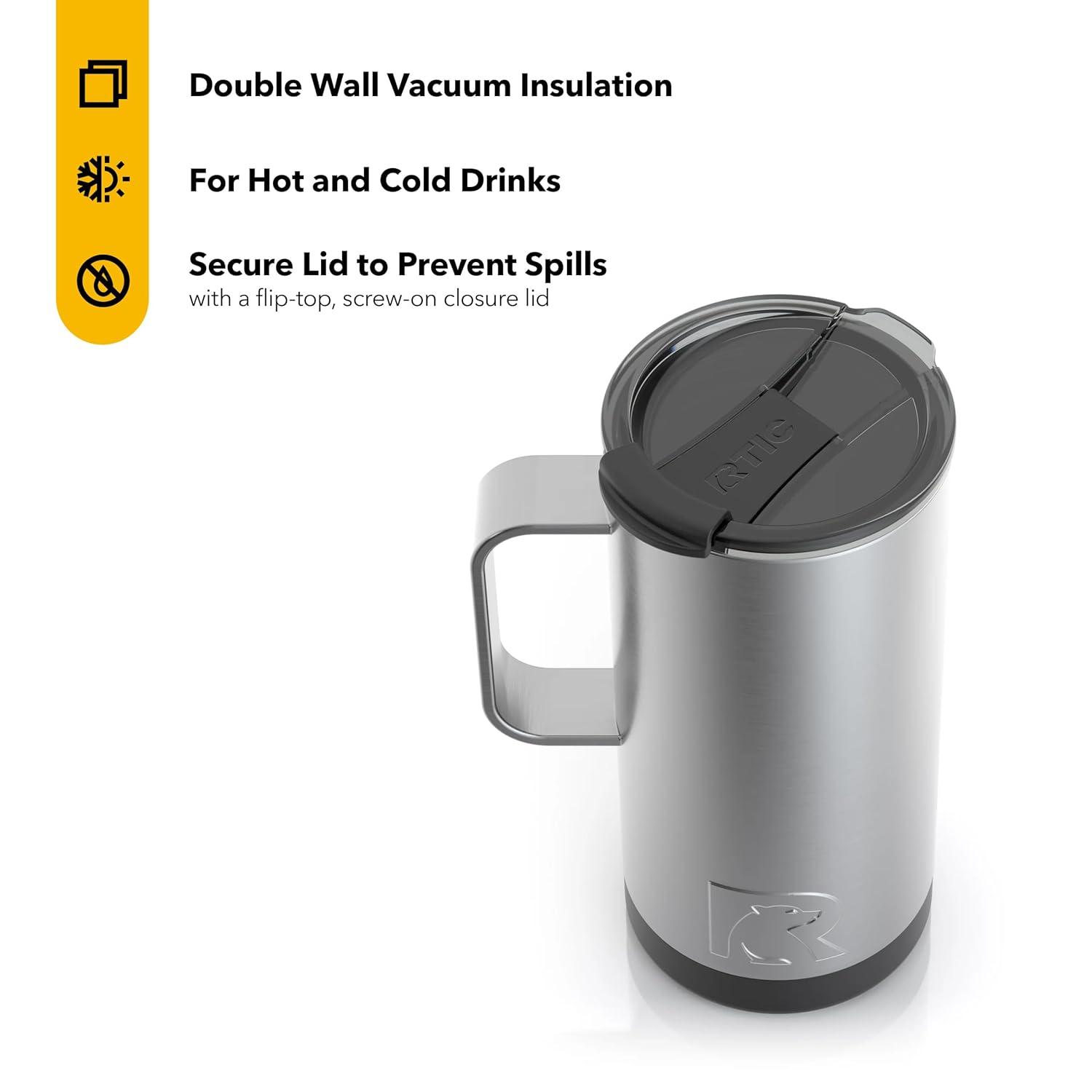 RTIC 16 oz Coffee Travel Mug with Lid and Handle, Stainless Steel Vacuum-Insulated Mugs, Leak, Spill Proof, Hot Beverage and Cold, Portable Thermal Tumbler Cup for Car, Camping