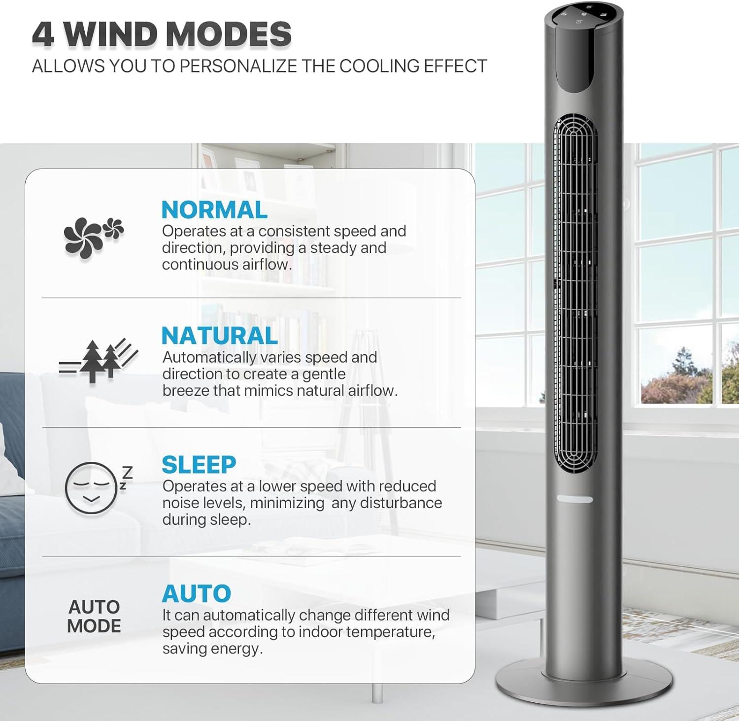 mollie Tower Fan, 45" Cooling Fan with Remote, 70° Oscillating Floor Fan, 4 Modes, 8 Speeds, LED Display, 12-Hour Timer, Quiet Bladeless Fan for Bedroom Home Office, Space Gray