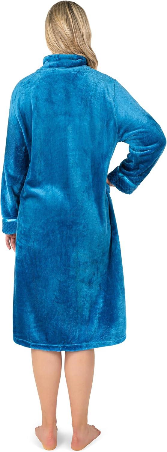 PAVILIA Womens Housecoat Zip Robe, Fleece Zipped Up Front Bathrobe, Plush Warm Long Zipper House Coat Lounger Pockets