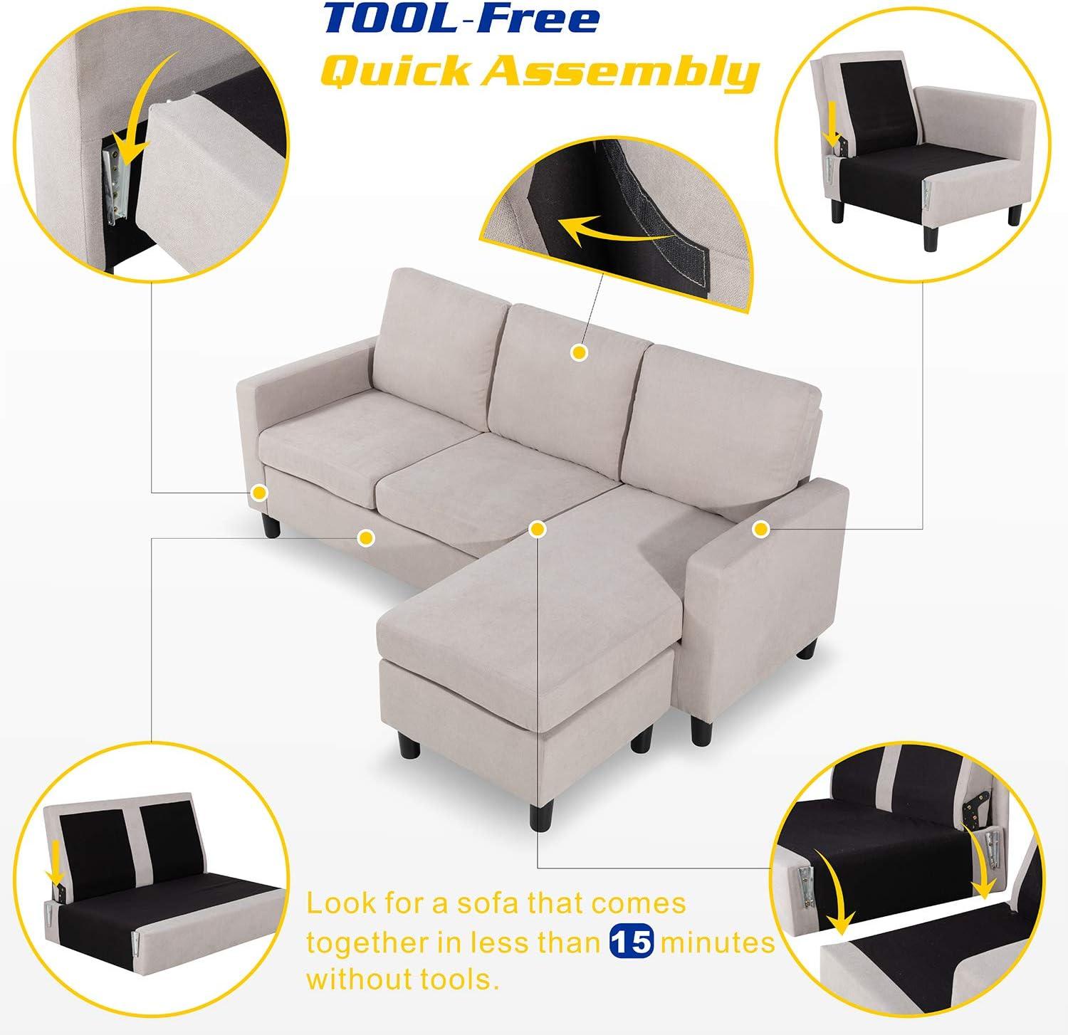 Shintenchi 79 Inch Convertible Sectional Sofa Couch, Modern Linen Fabric L-Shaped , 3-Seat Sofa Sectional with Reversible Chaise for Living Room, Apartment and Small Space (Dark Grey)