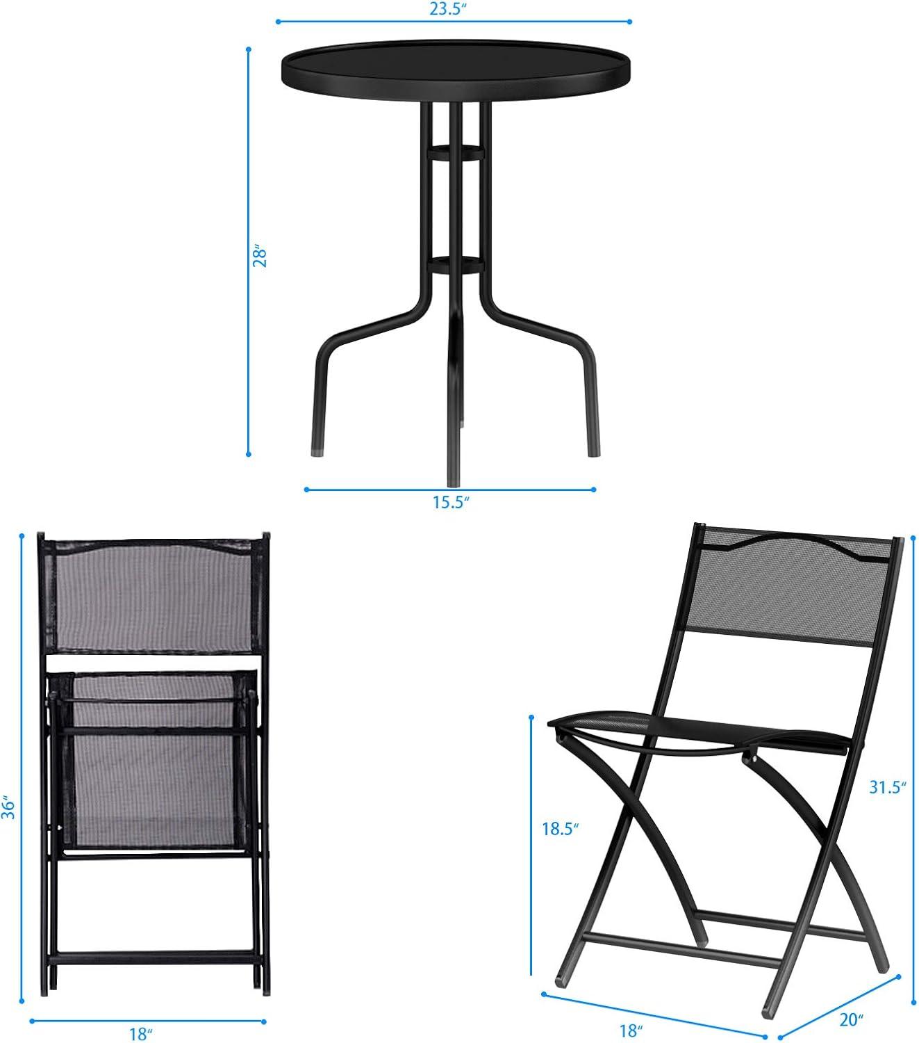 Black Metal and Glass 3-Piece Bistro Set with Folding Chairs