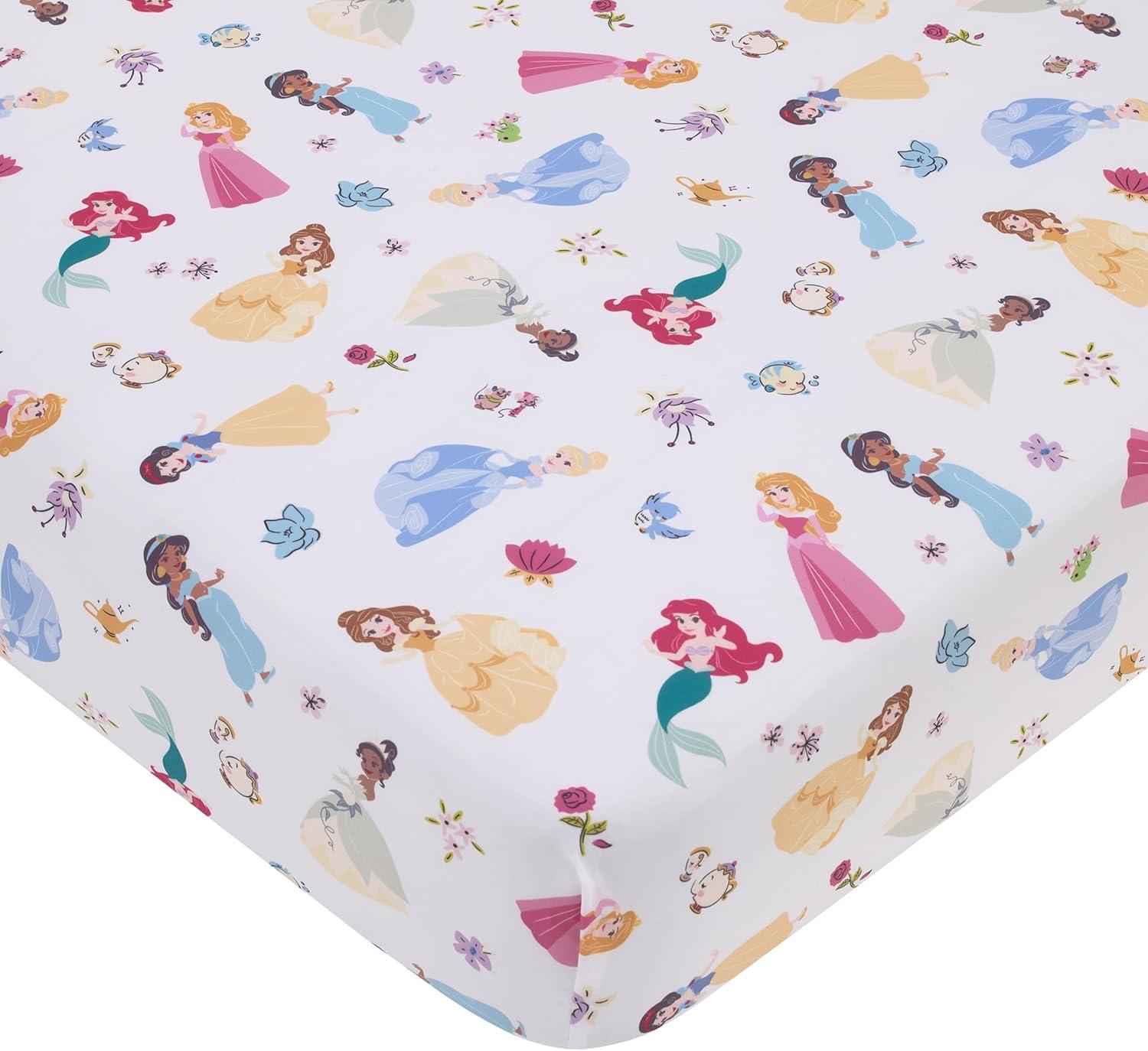 NoJo Disney Princess Pink, Blue, Yellow, and White Super Soft Nursery Fitted Crib Sheet