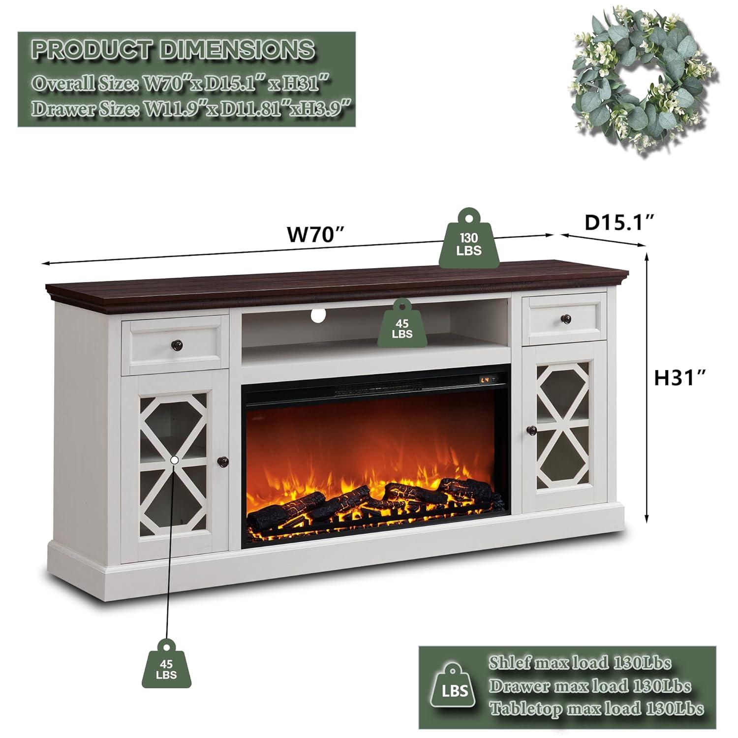 SinCiDo Farmhouse Fireplace TV Stand 75 Inch, Electric Fireplace TV Stand Up to 80 Inch TVs, Entertainment Center with Fireplace for Living Room