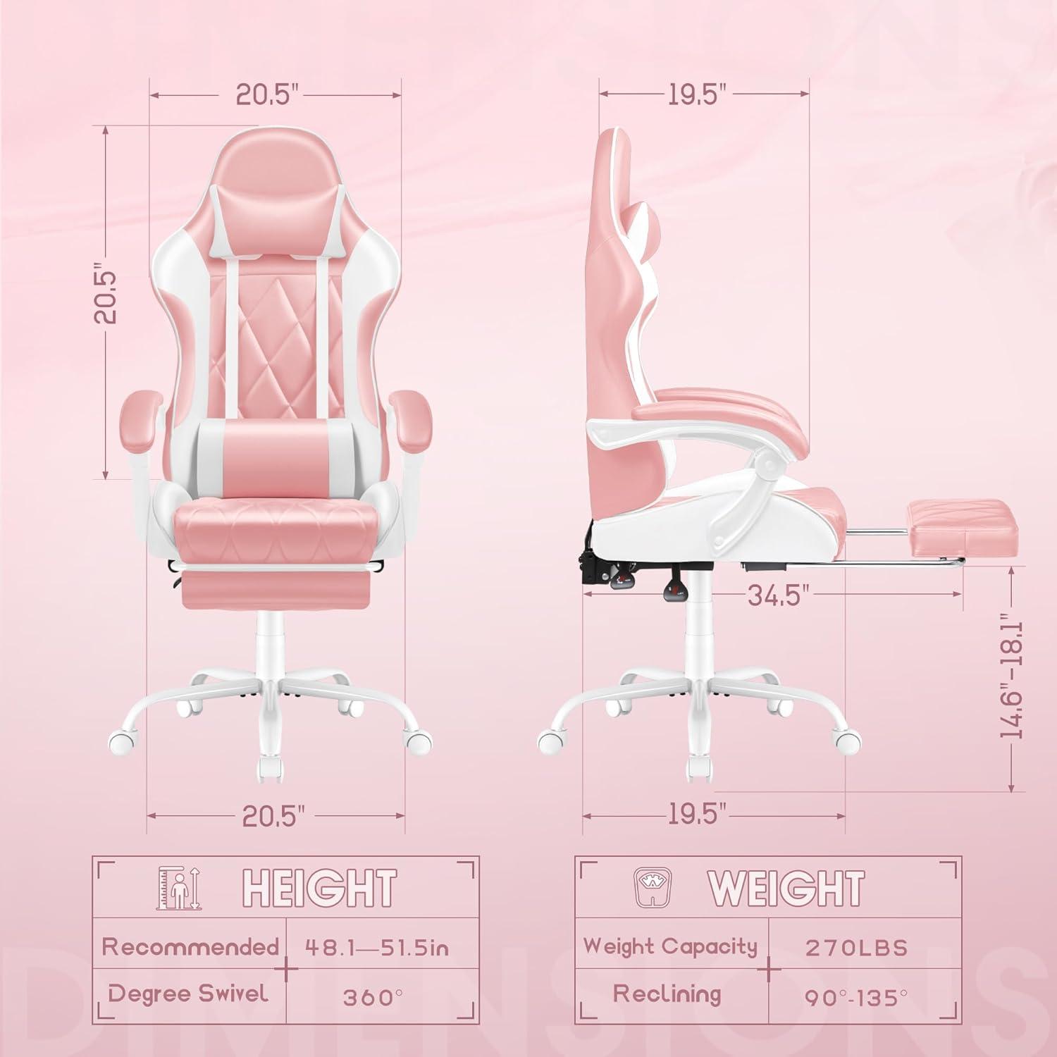 Pink and White Ergonomic Faux Leather Gaming Chair with Footrest