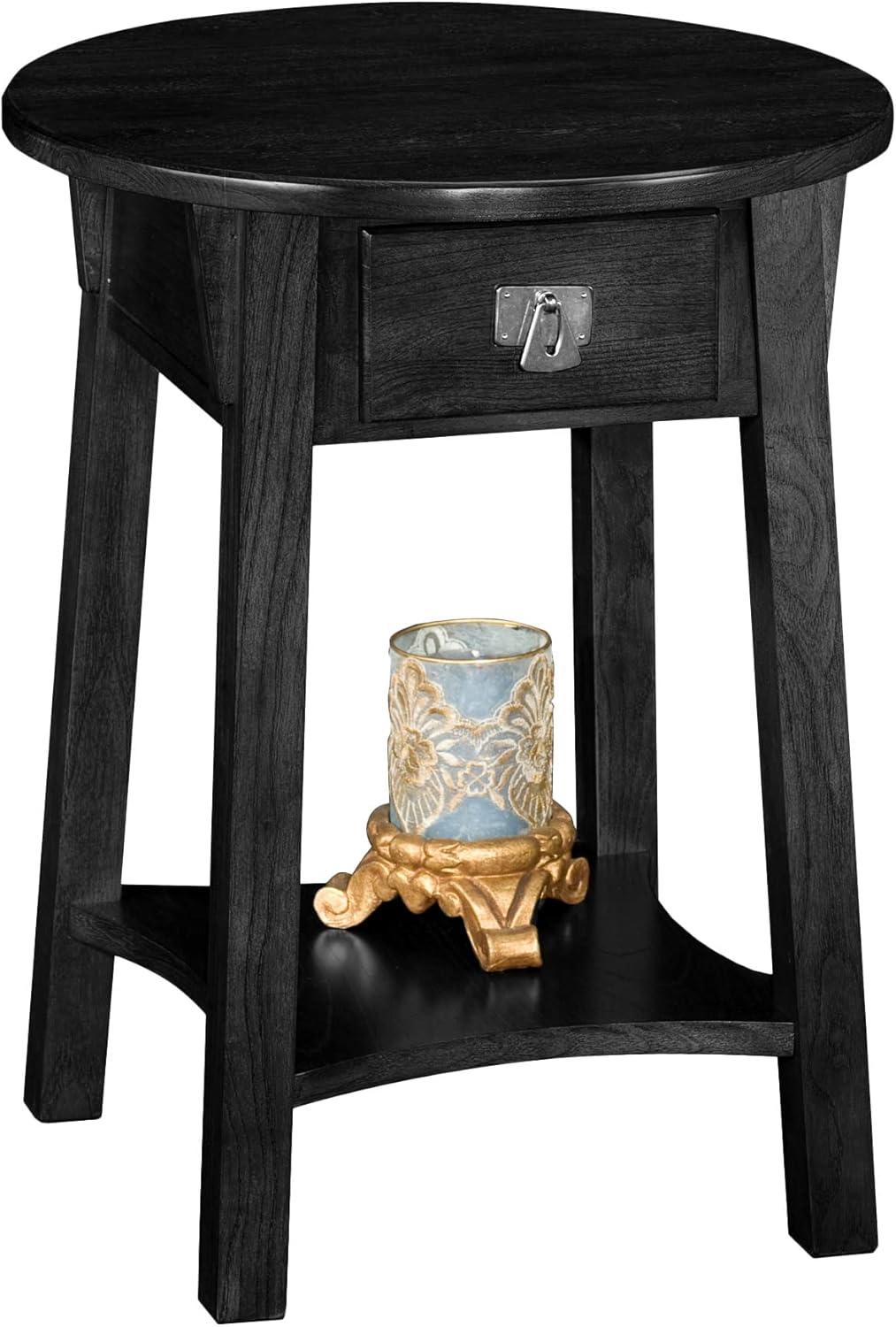 Leick Home 10032-RS Mission Round End Table with Drawer, Made with Solid Wood, Side Table for Living Room, Bedroom, and Office, Slate Black Finish