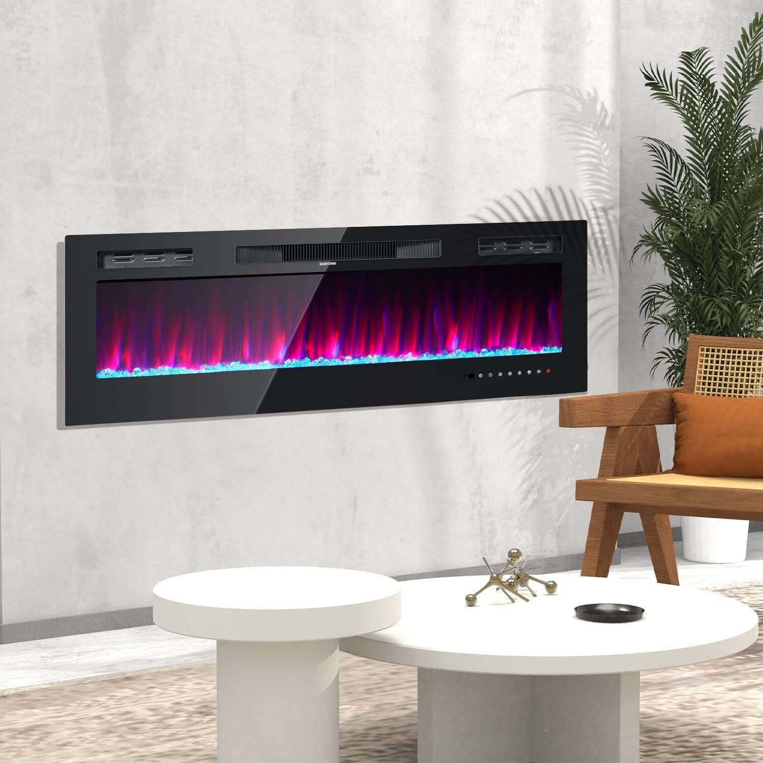 oneinmil Electric Fireplace, 50 inch Wide Recessed/Wall Mounted Electric Fireplace, Remote Control with Timer 12 Adjustable Color Flame, Remote Control,with Crystal Stone, 750/1500W