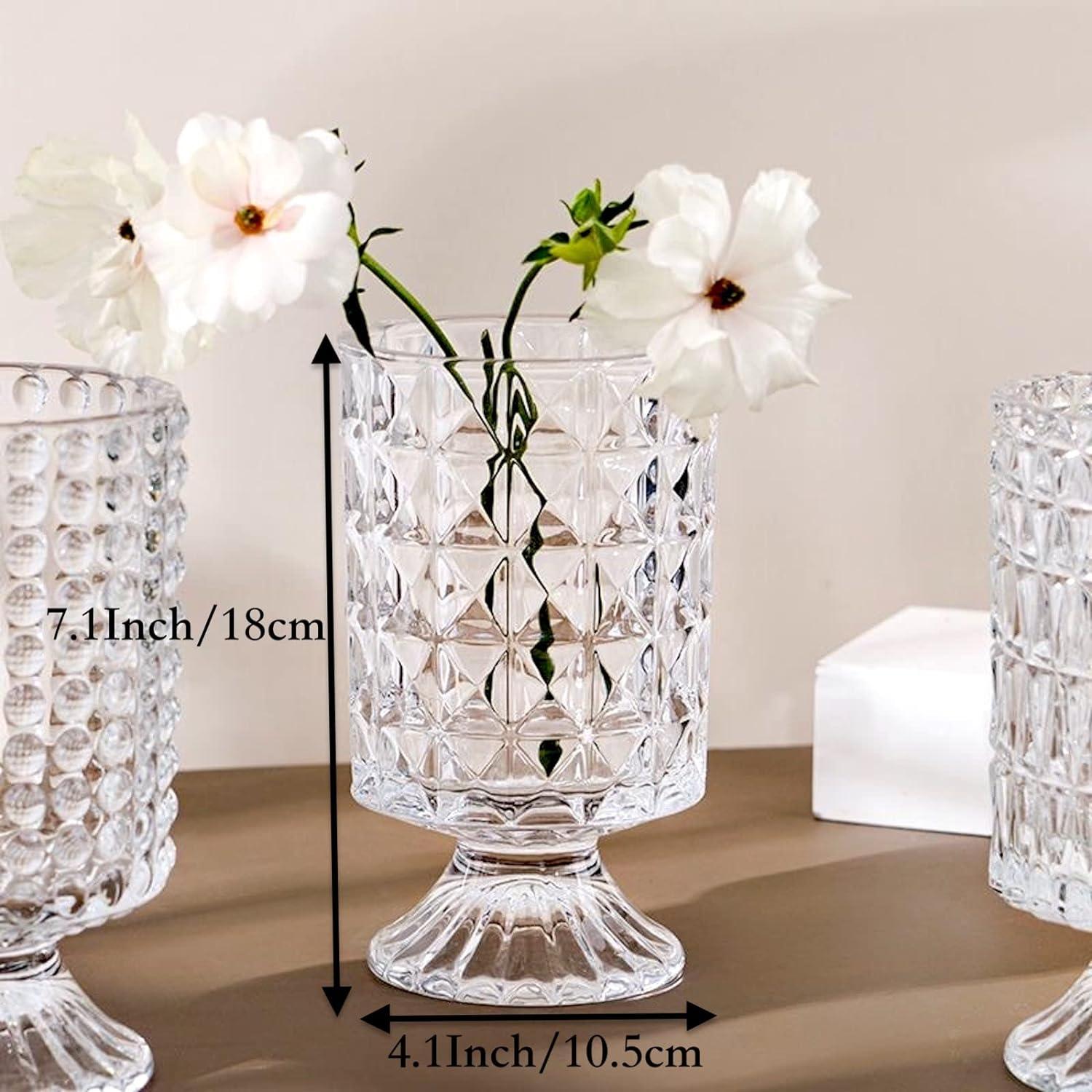 Clear Embossed Glass Pedestal Flower Vase, 7''