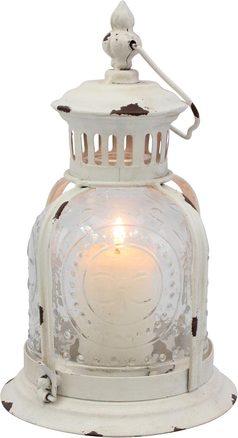 Distressed White Metal and Glass Tabletop Candle Lantern, 6.4" x 9.9"