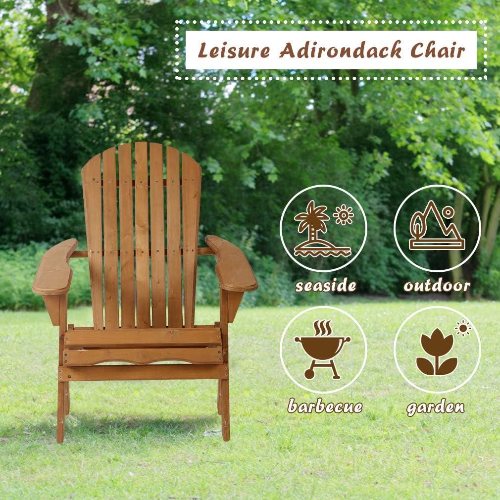 FDW Folding Wood Adirondack Chair Accent Furniture for Yard, Patio, Garden w/ Natural Finish - Brown