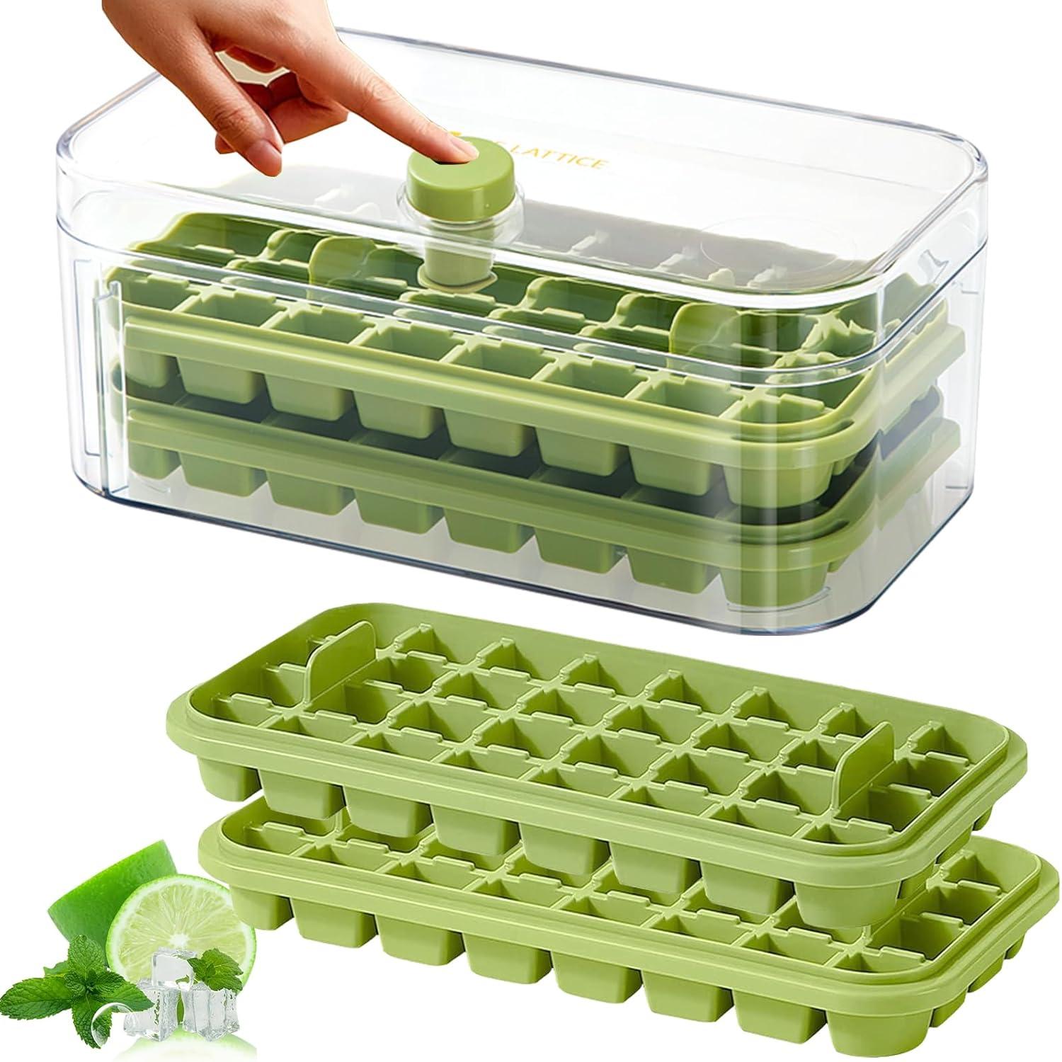 Ice Cube Tray with Lid and Bin, 2 Pack for Freezer, 64 Pcs Ice Cube Mold (Green)