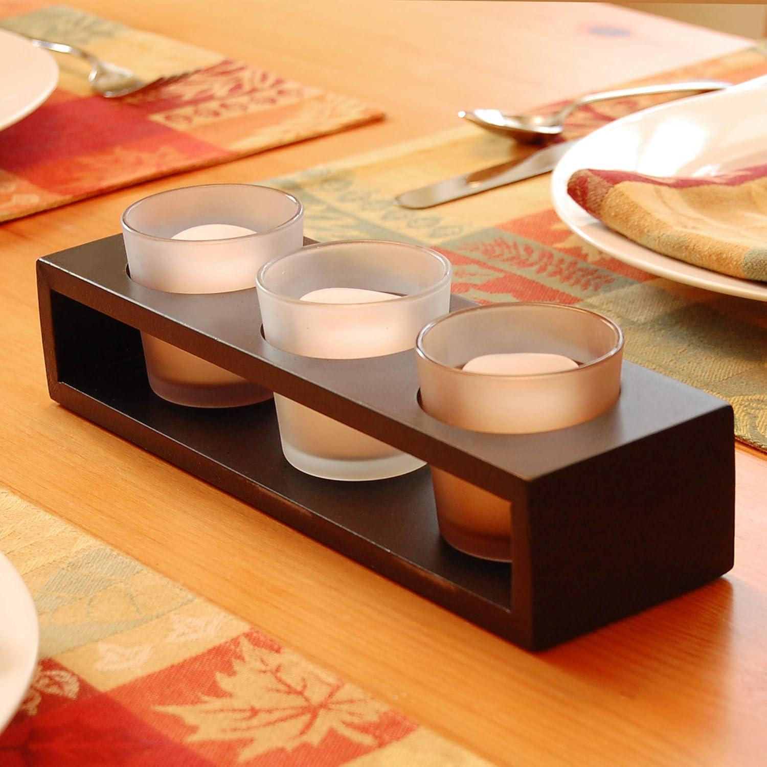 LumaBase Wooden Tray with 3 Glass Candleholders