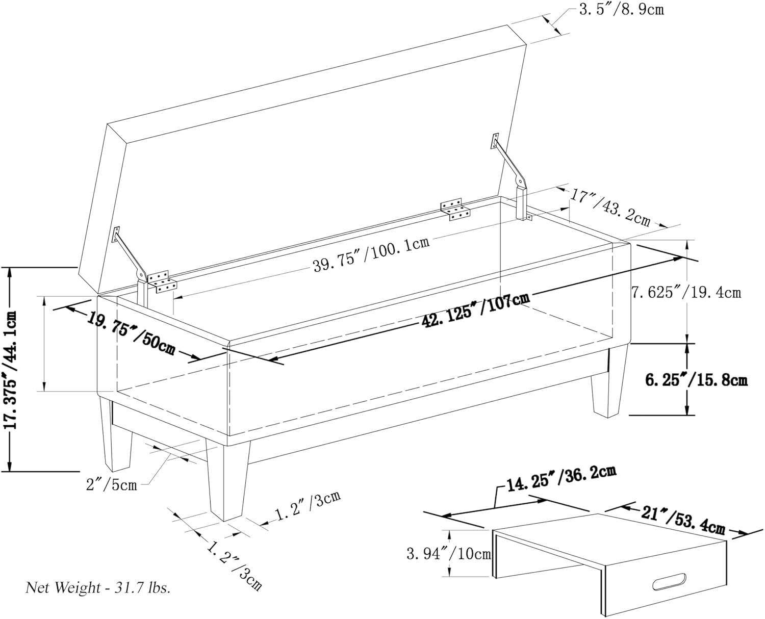 Simpli Home Oregon 42"W Upholstered Storage Ottoman Bench with Lift-Top Lid and Tray