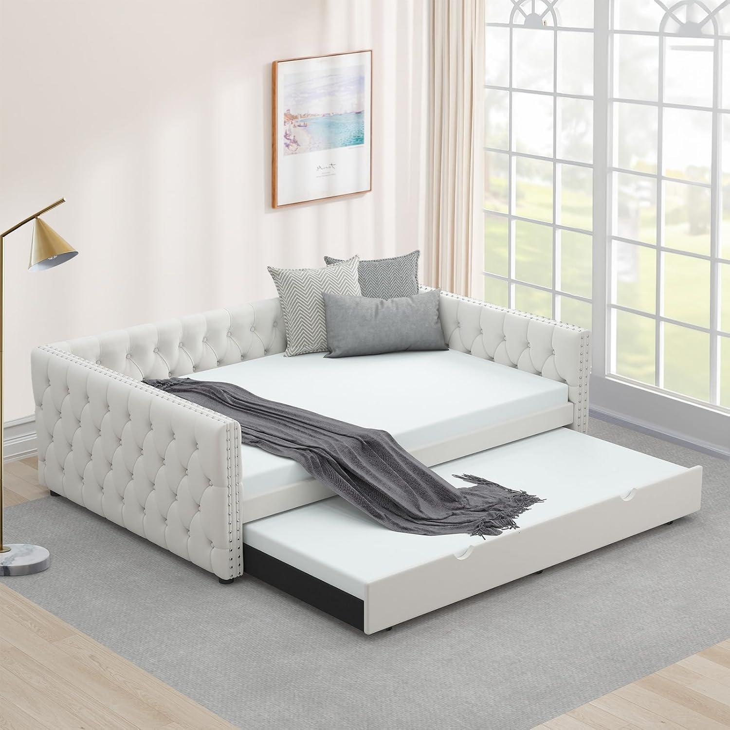 KNeretva Velvet Full Daybed with Twin Trundle, Modern Upholstered Full Size Day Bed Button-Tufted Sofa Daybed Frame (Black)