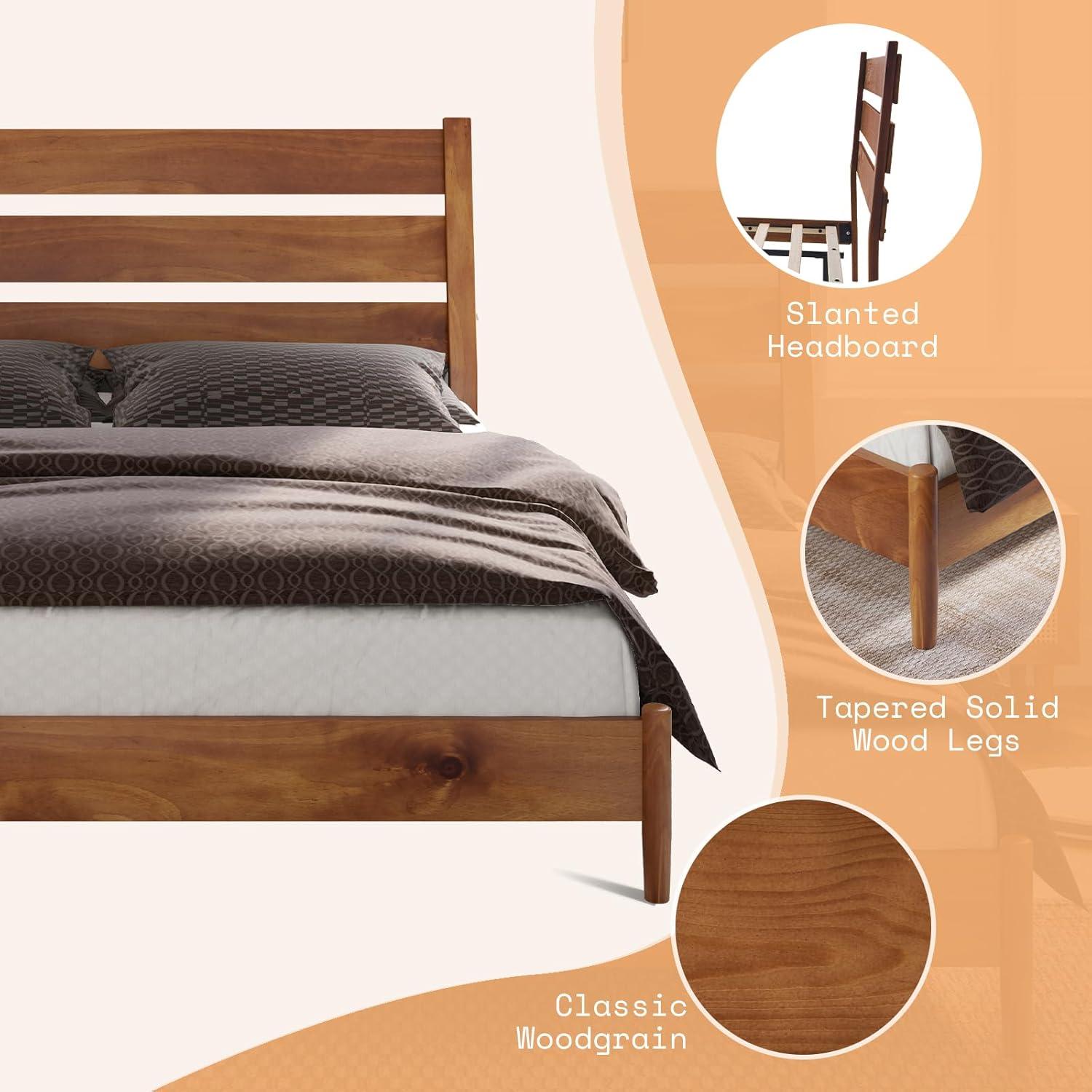 Solid Wood Bed Frame with Reclining Slatted Headboard