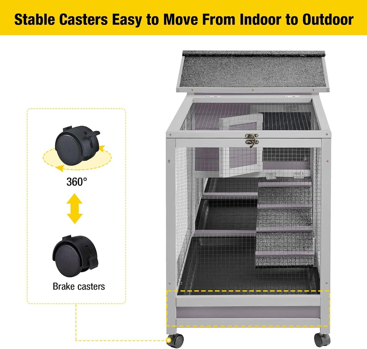 Gray Fir Wood Large Indoor Outdoor Rabbit Hutch with Wheels